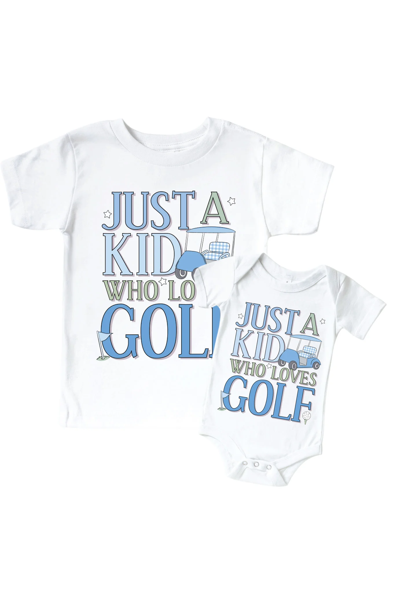 A Kid With Golf Love Blue Graphic Bodysuit & Kids Tee | White