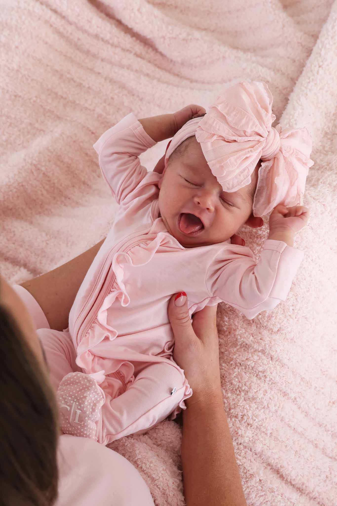 Baby Pink Bamboo Ruffle Zipper Footie - Image 10