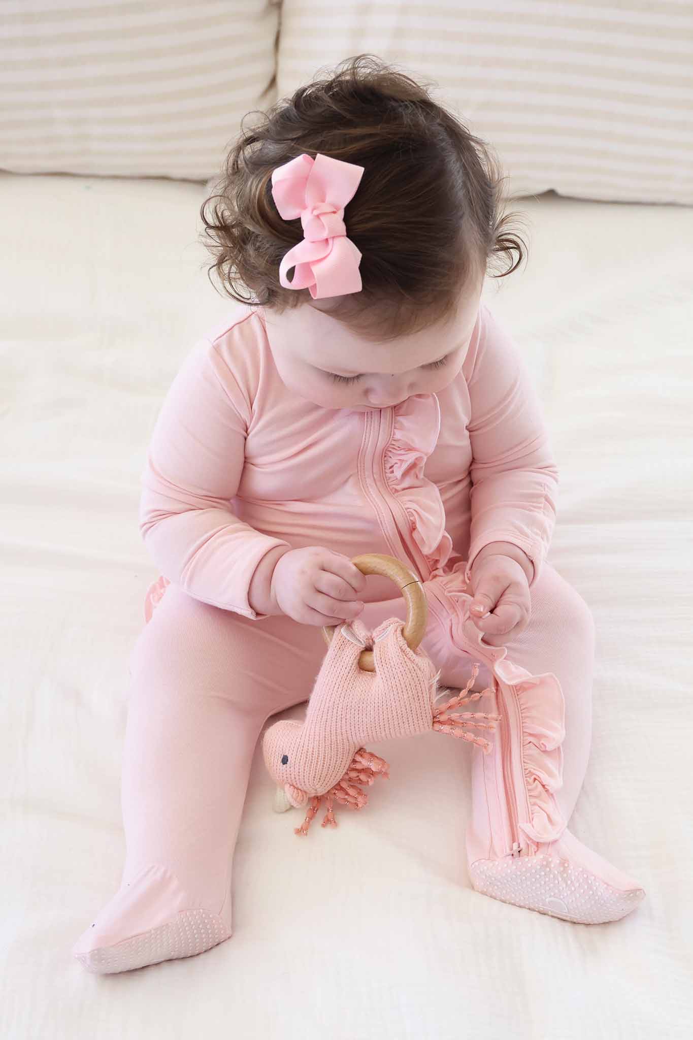 Baby Pink Bamboo Ruffle Zipper Footie - Image 5