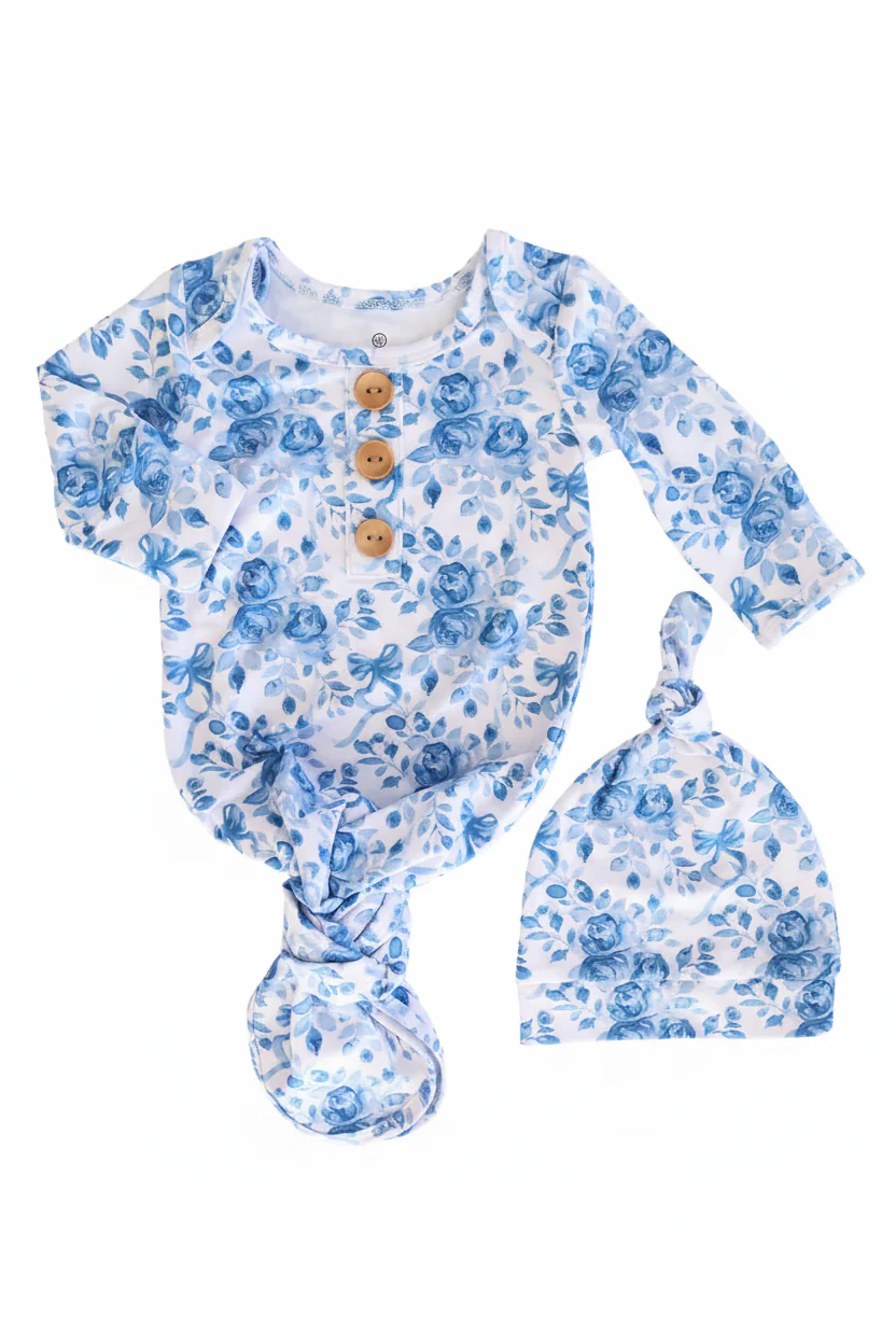 Betsy's Blooms Newborn Baby Knot Gown & Hat Set - Image 2