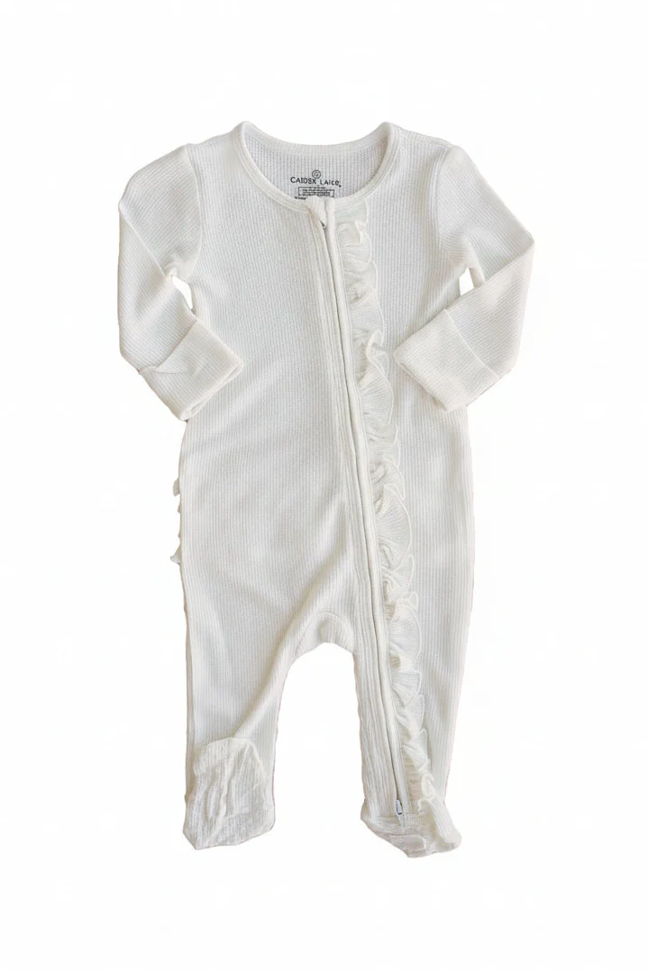 Cloud White Bamboo Waffle Ruffle Zipper Footie - Image 3