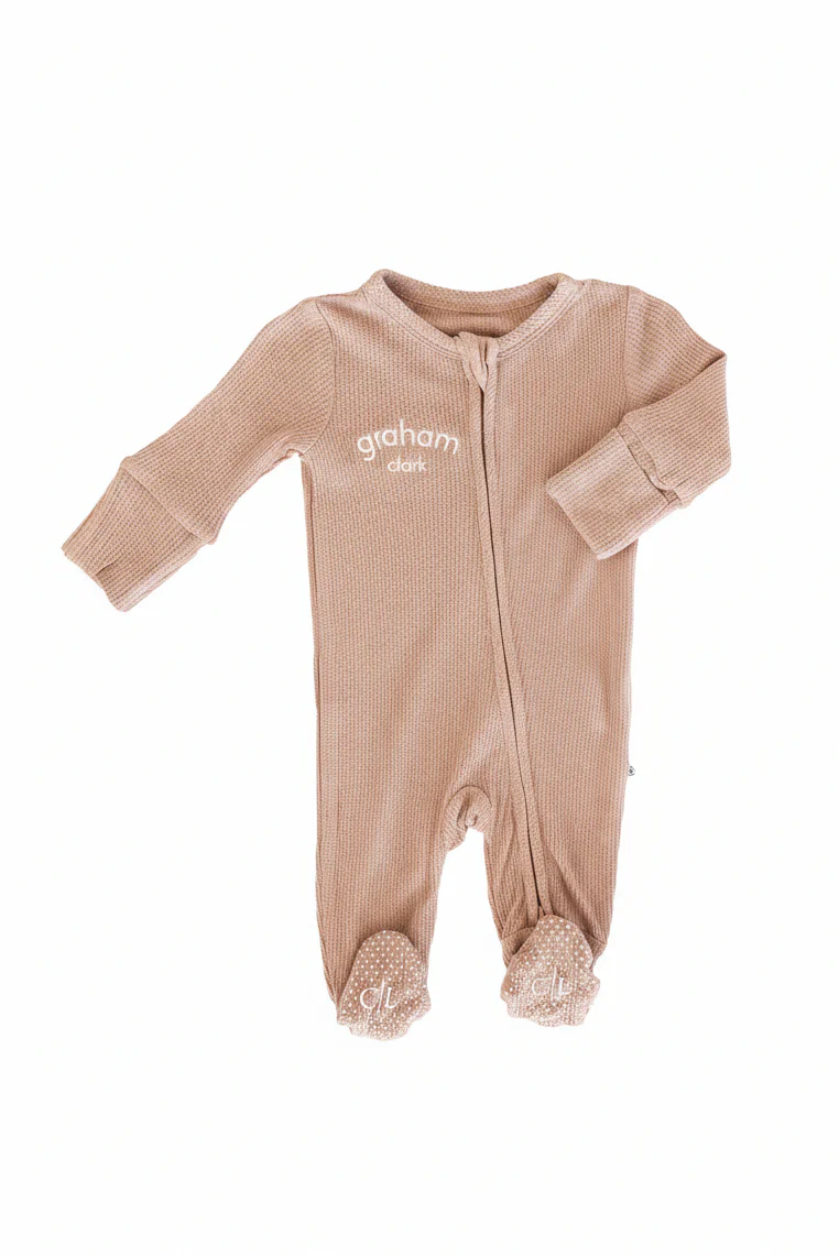 Embroidered Bamboo Waffle Zipper Footie | Cocoa - Image 3