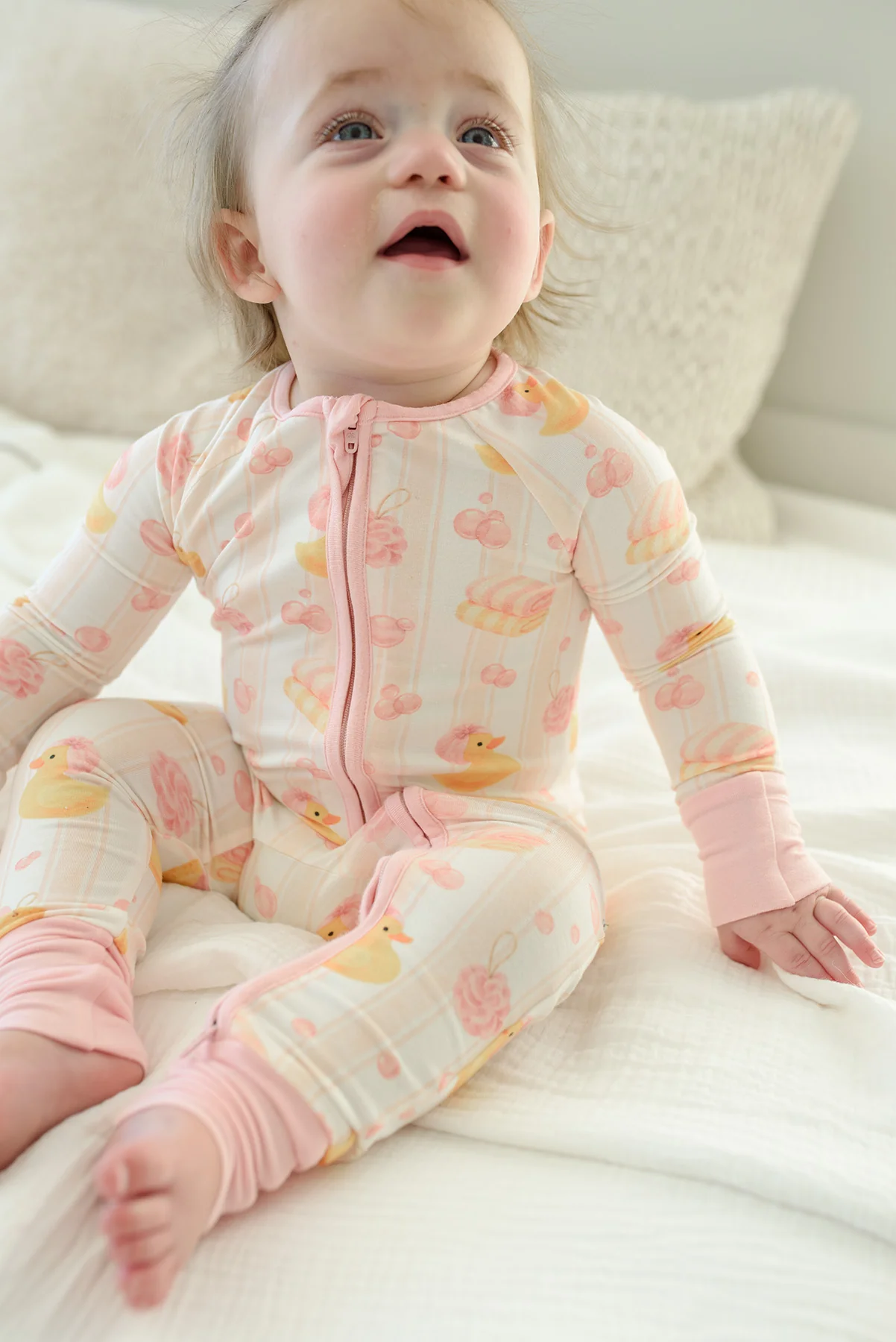 Convertible Bamboo Zip Romper Pajamas | Bubble Duckies Pink - Image 12