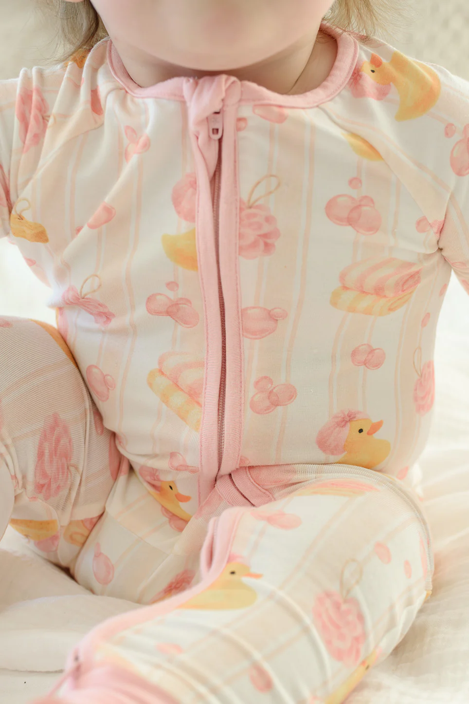 Convertible Bamboo Zip Romper Pajamas | Bubble Duckies Pink - Image 3