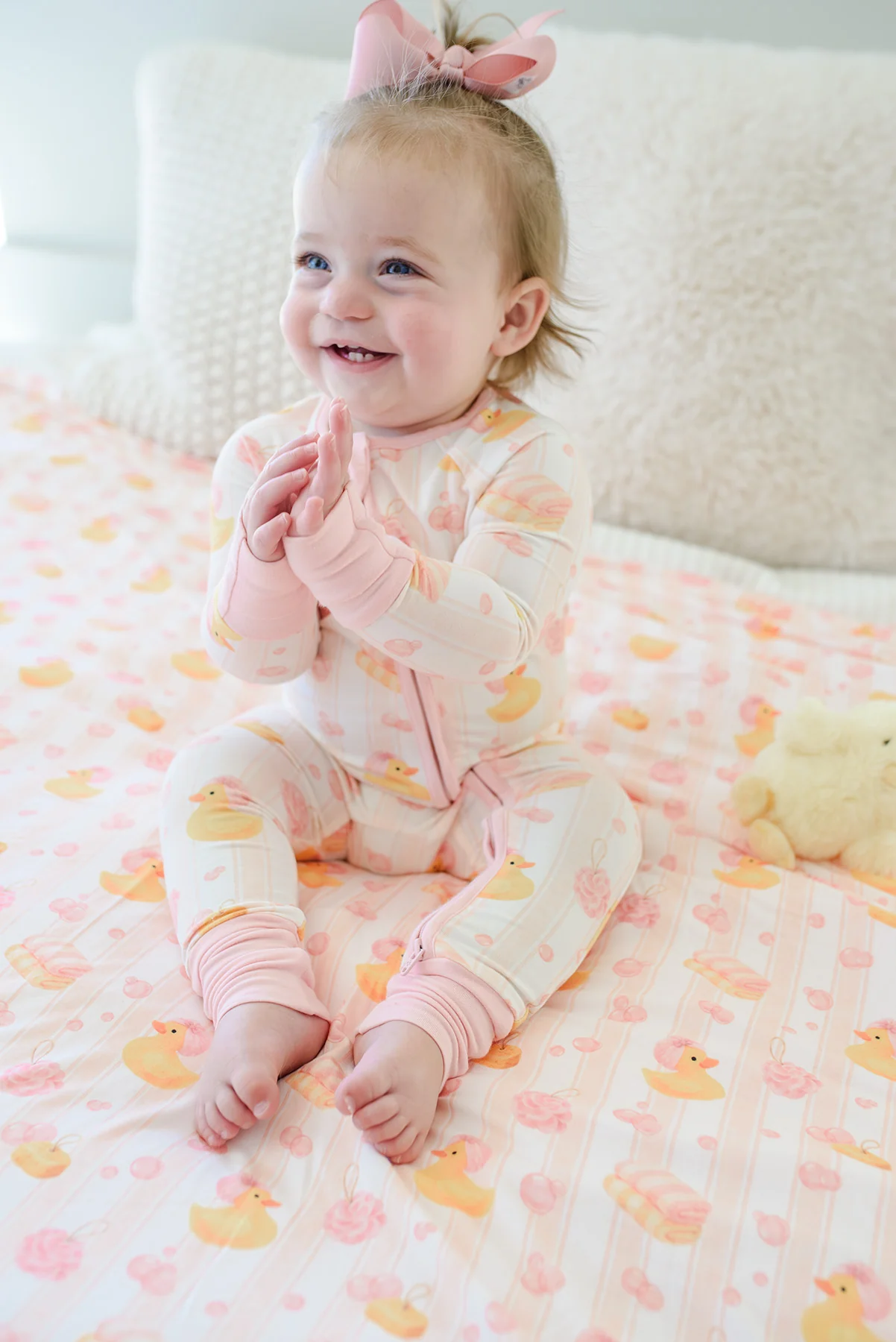 Convertible Bamboo Zip Romper Pajamas | Bubble Duckies Pink - Image 4