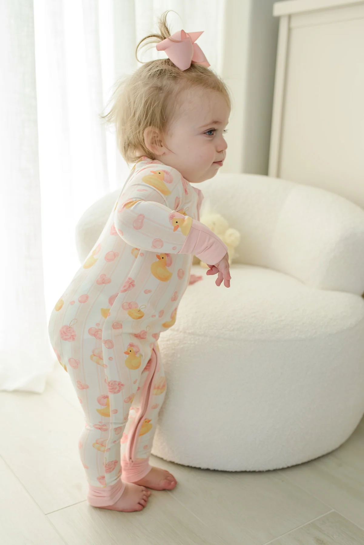 Convertible Bamboo Zip Romper Pajamas | Bubble Duckies Pink - Image 6