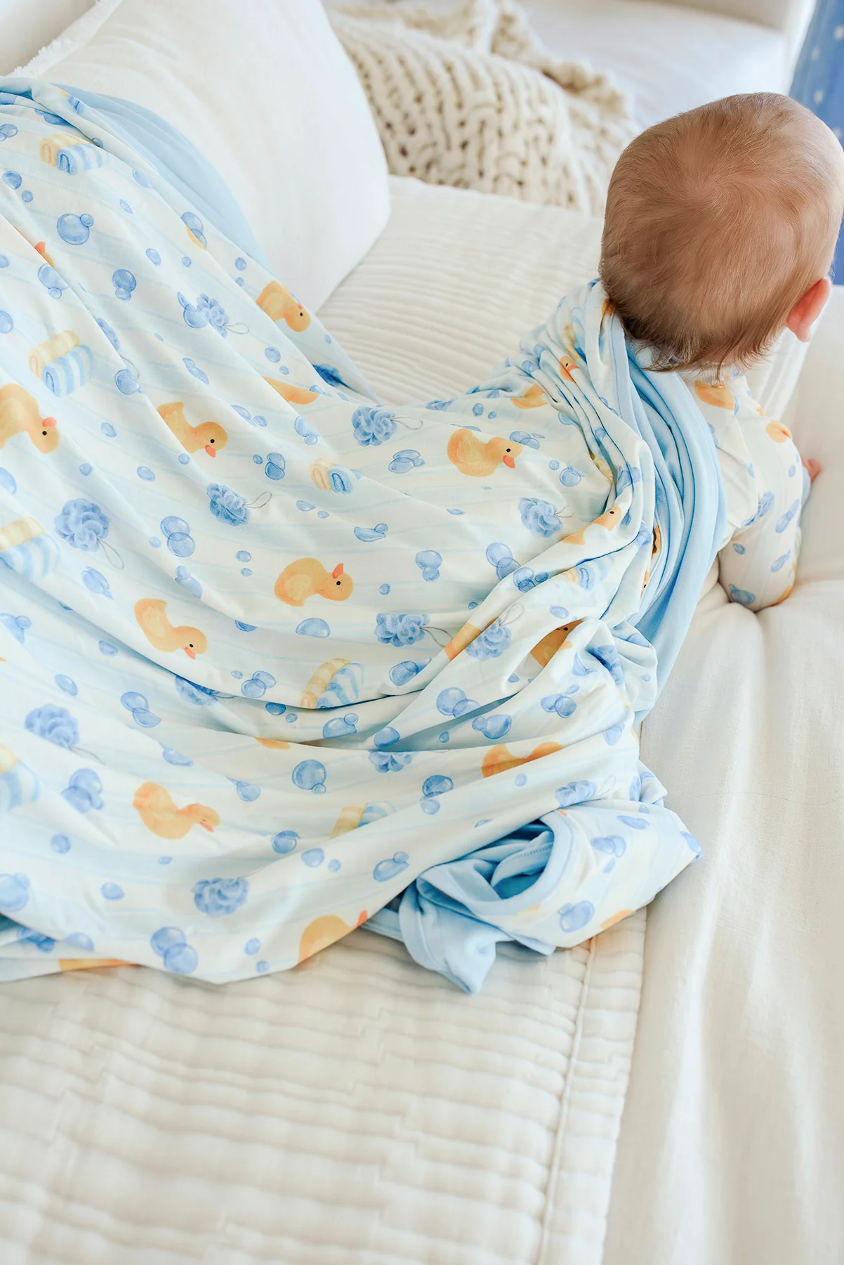 Double Sided Bamboo Blanket | Bubble Duckies Blue
