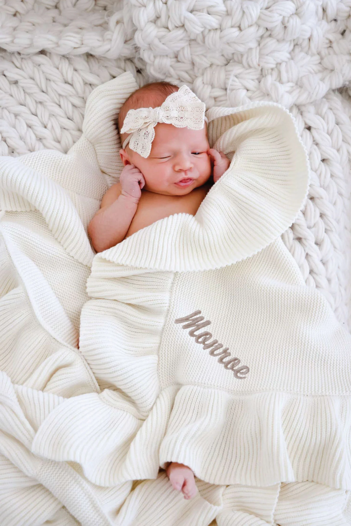 Embroidered Knit Blanket With Ruffle | Ivory - Image 3