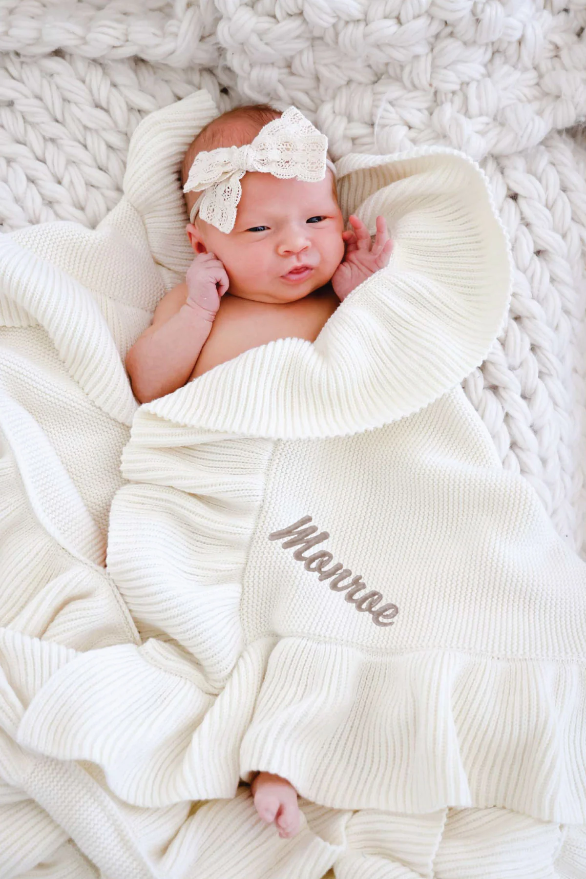 Embroidered Knit Blanket With Ruffle | Ivory - Image 5