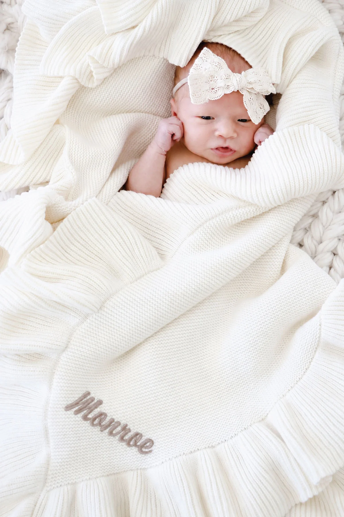 Embroidered Knit Blanket With Ruffle | Ivory - Image 7