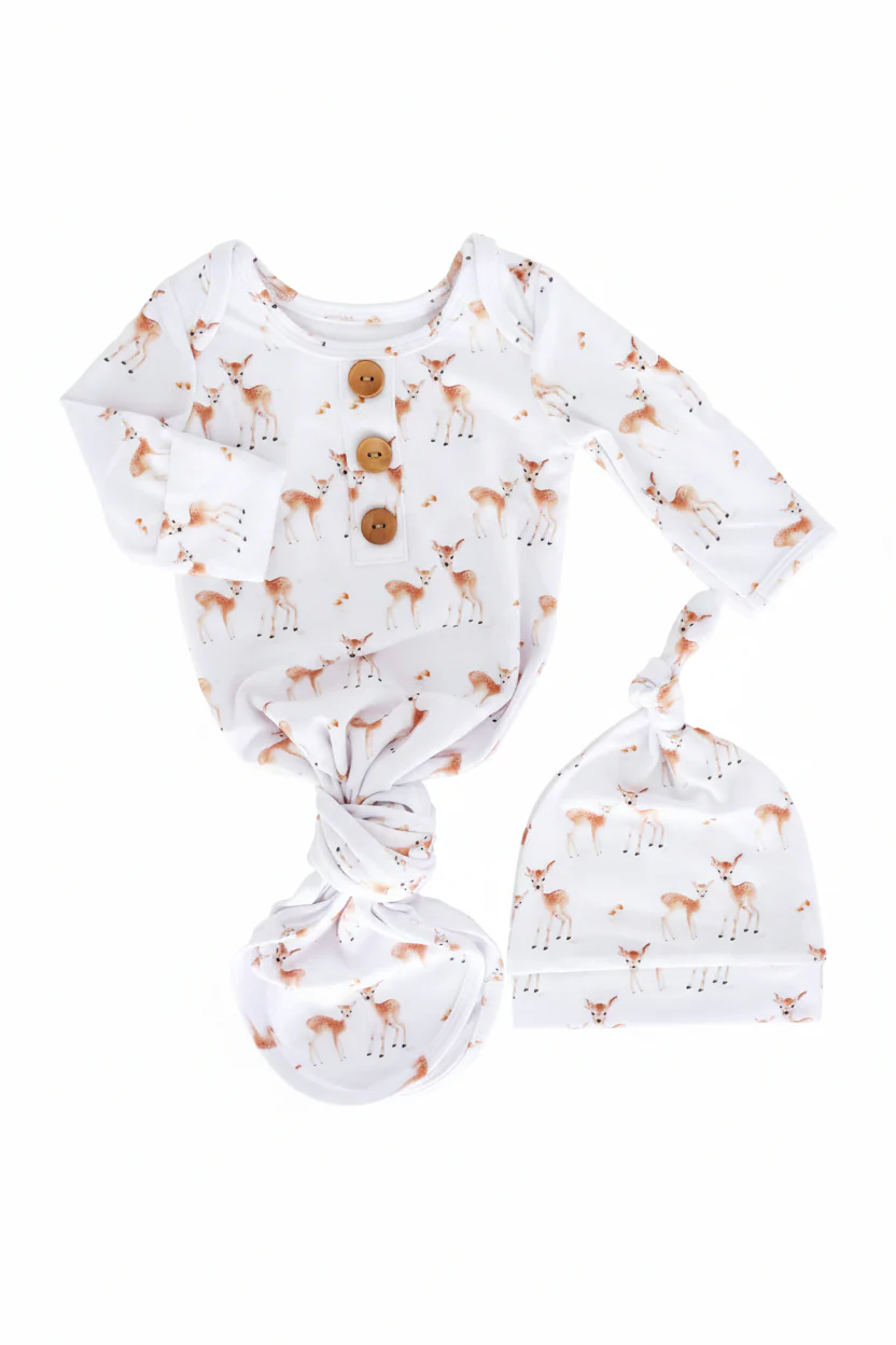 Friendly Fawns Newborn Baby Knot Gown & Hat Set - Image 3