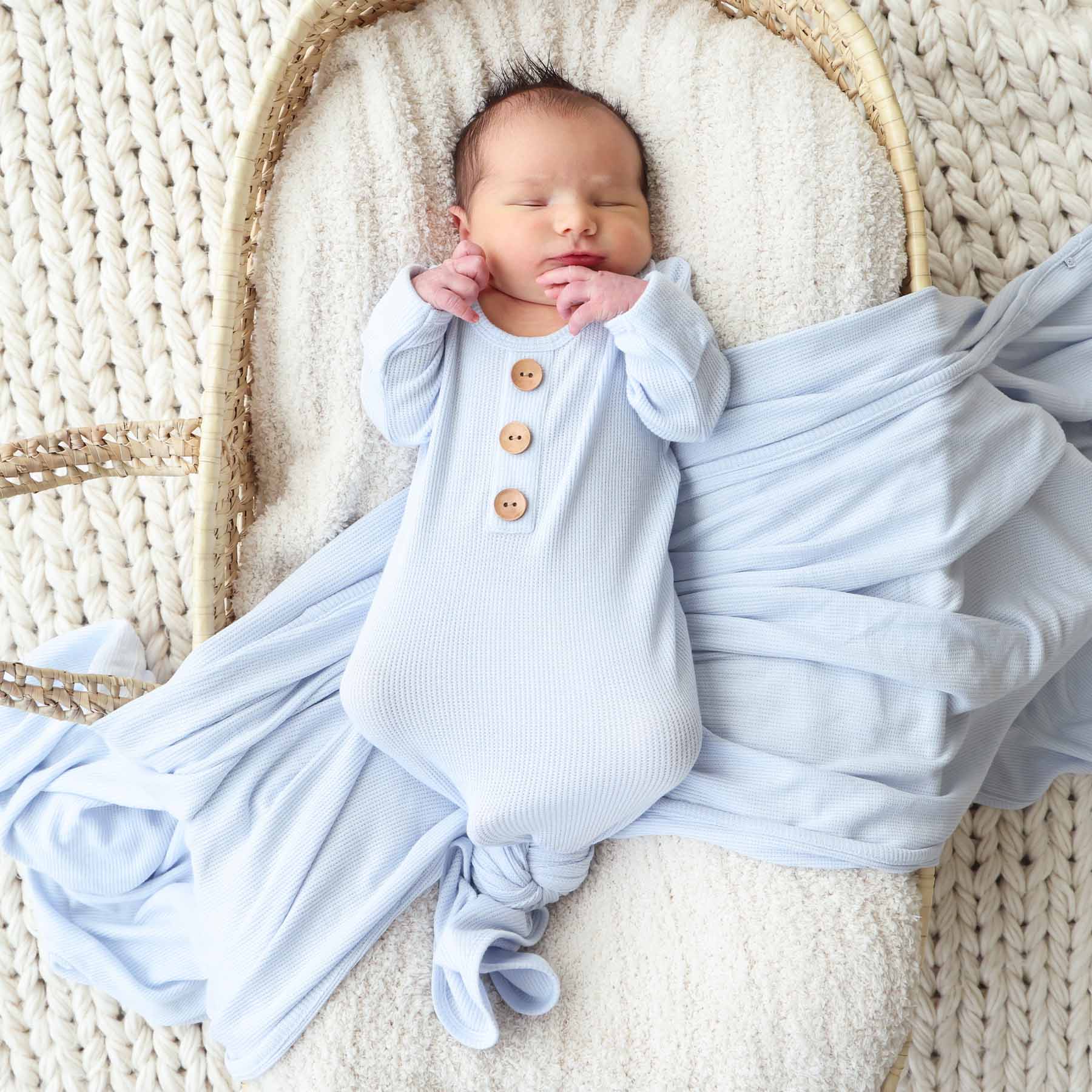 Ice Blue Bamboo Waffle Newborn Baby Knot Gown & Hat Set - Image 2