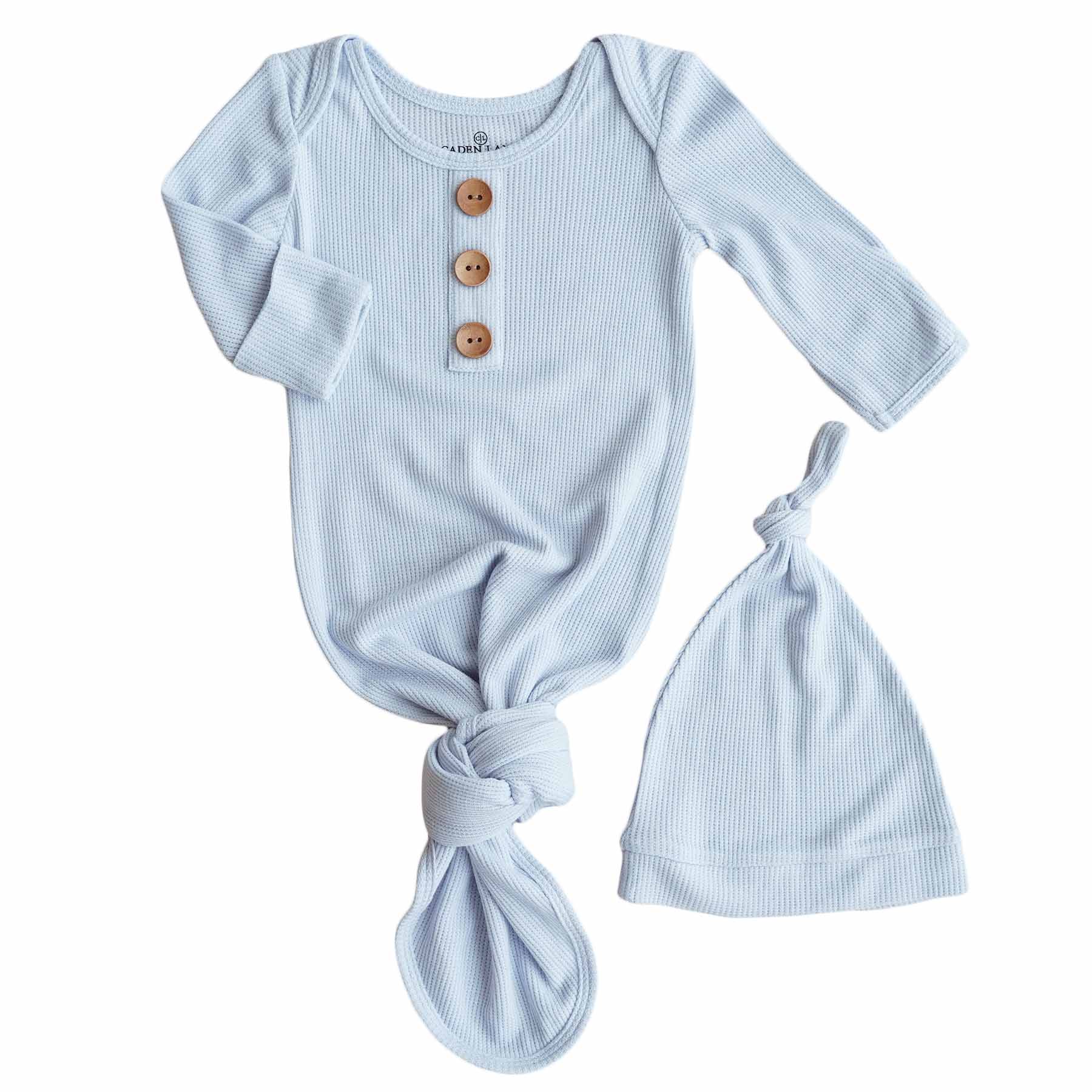Ice Blue Bamboo Waffle Newborn Baby Knot Gown & Hat Set - Image 3