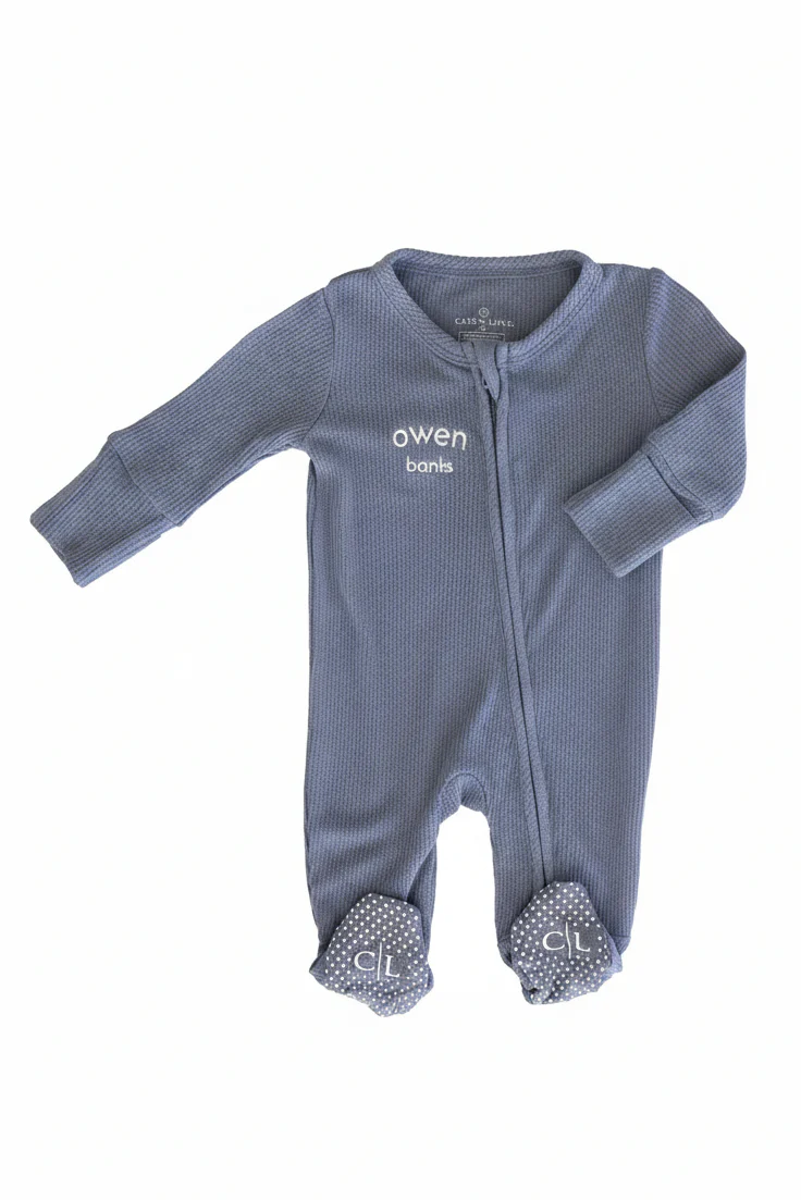 Embroidered Bamboo Waffle Zipper Footie | Lake - Image 3