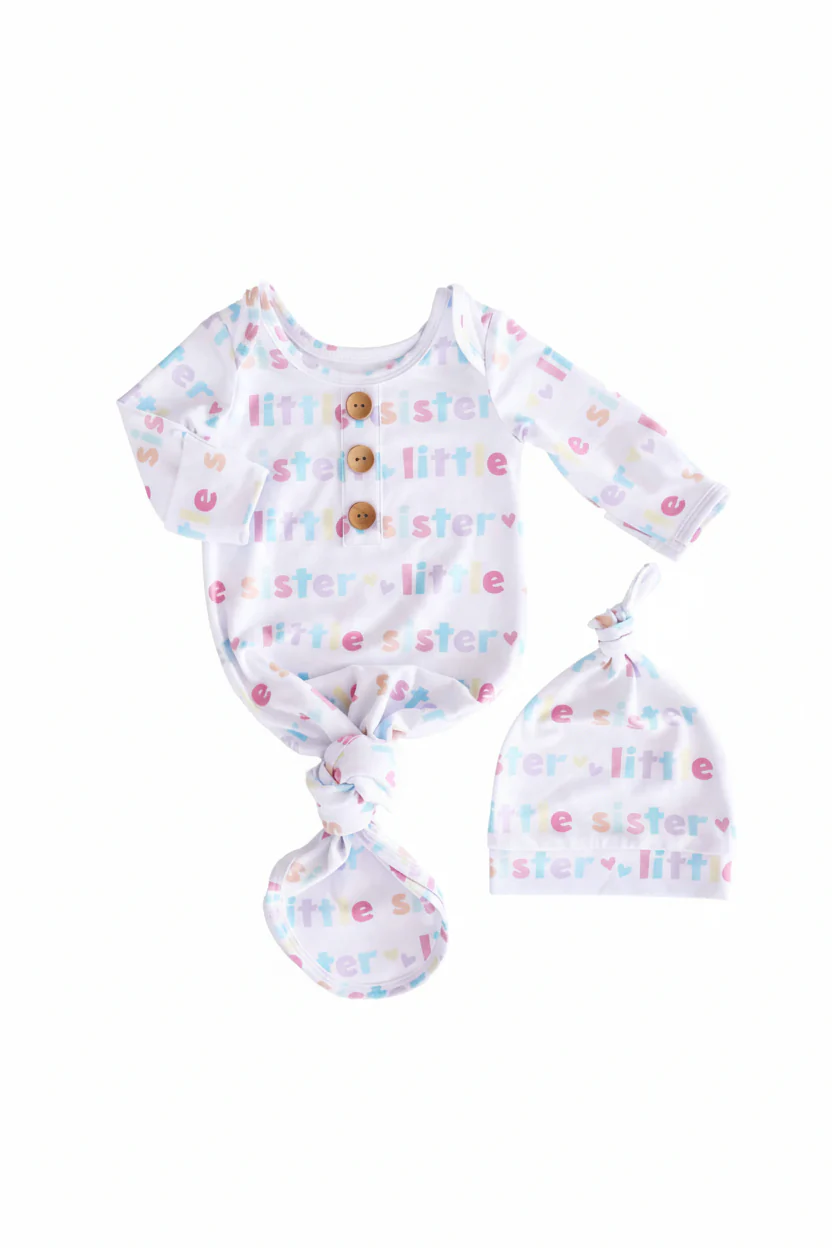 Little Sister Newborn Baby Knot Gown & Hat Set - Image 3