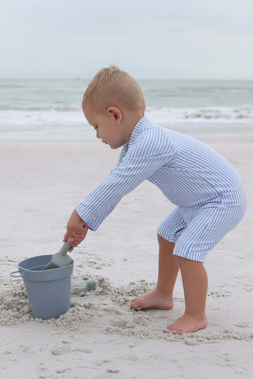 Long Sleeve Rash Guard Swim Romper Shortie | Seersucker Blue - Image 10