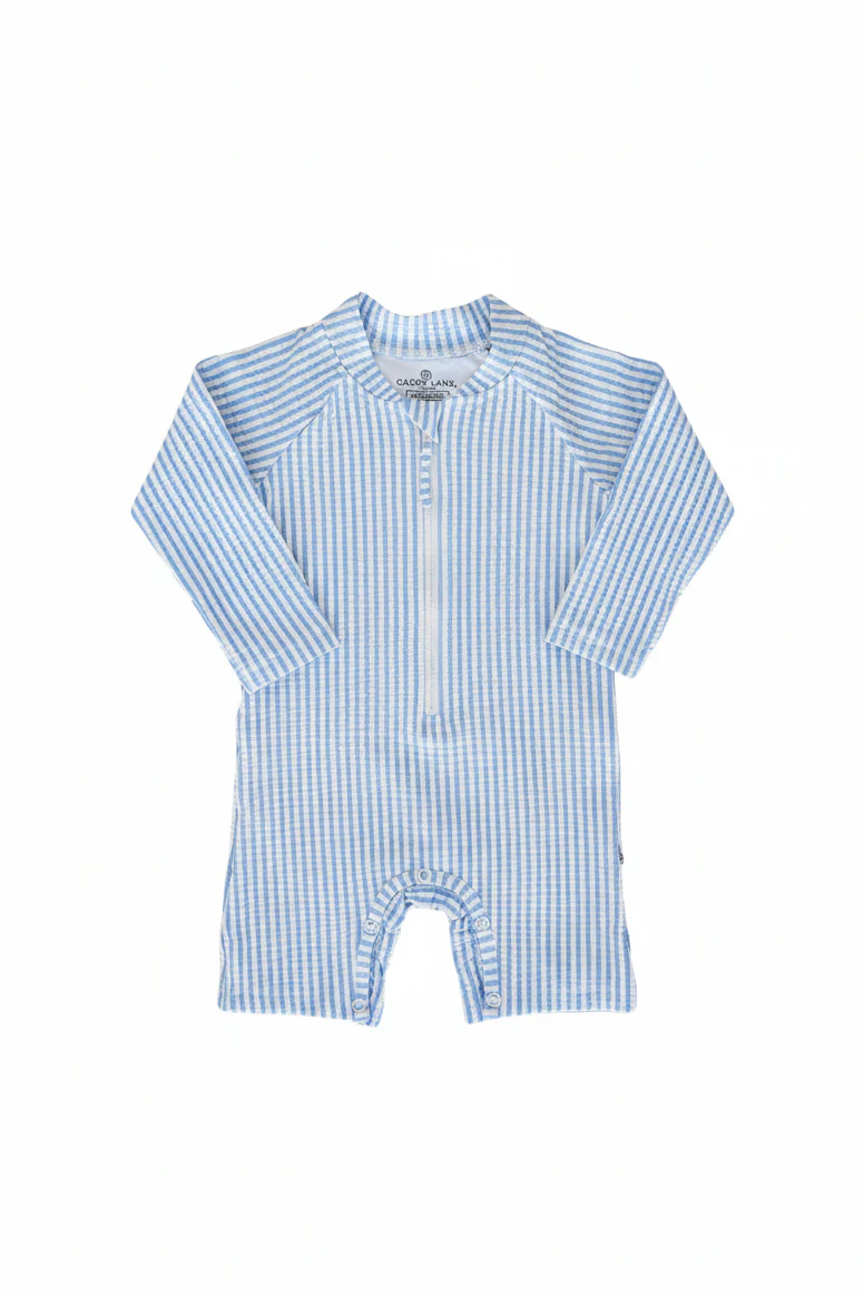Long Sleeve Rash Guard Swim Romper Shortie | Seersucker Blue - Image 13