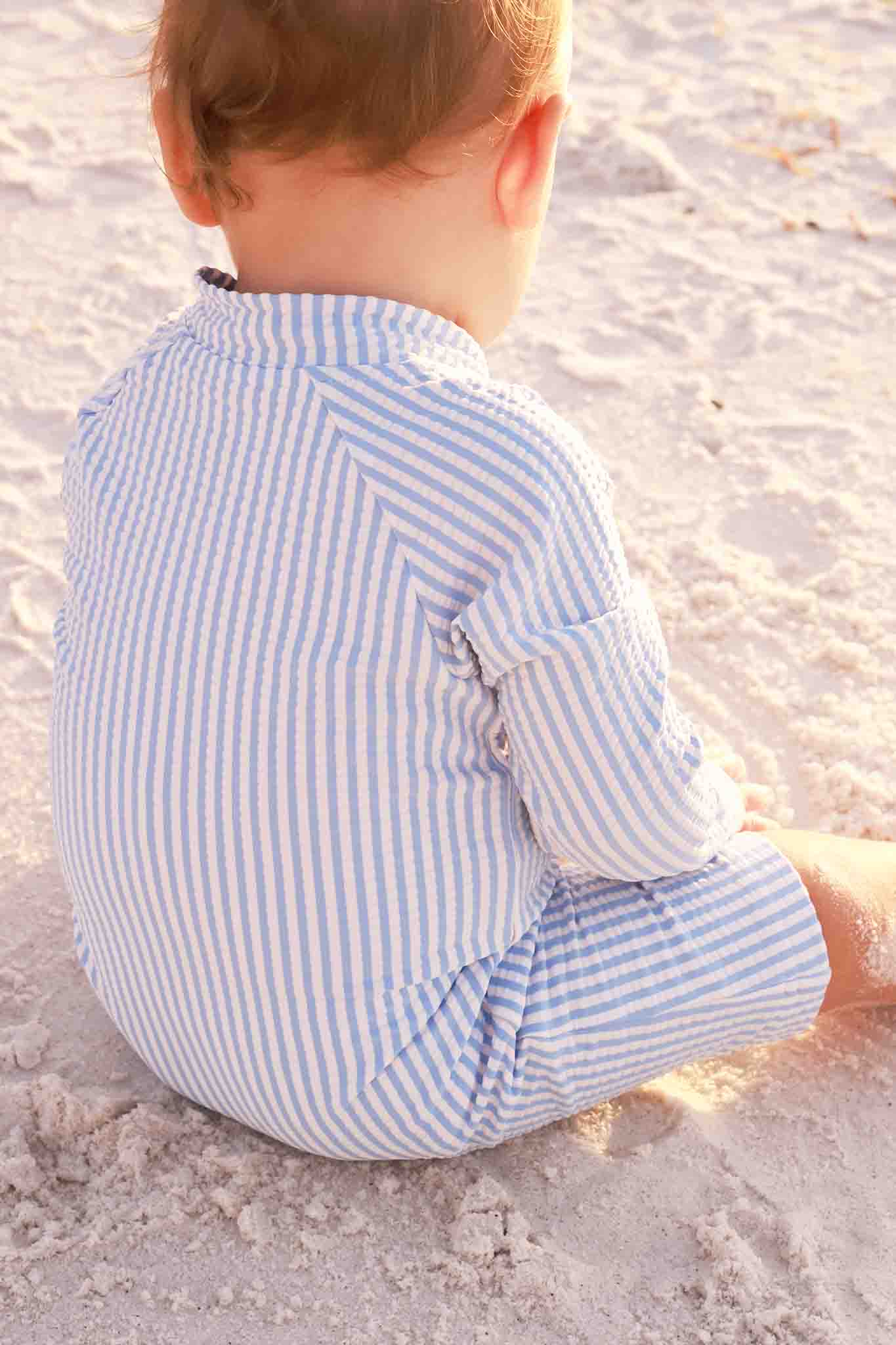 Long Sleeve Rash Guard Swim Romper Shortie | Seersucker Blue - Image 3