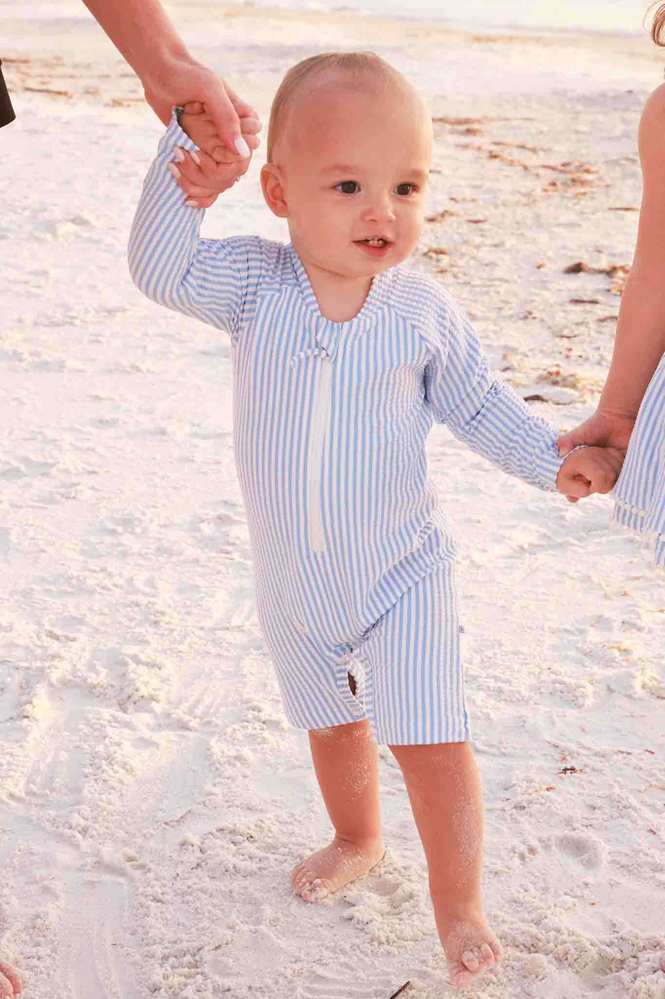 Long Sleeve Rash Guard Swim Romper Shortie | Seersucker Blue - Image 4