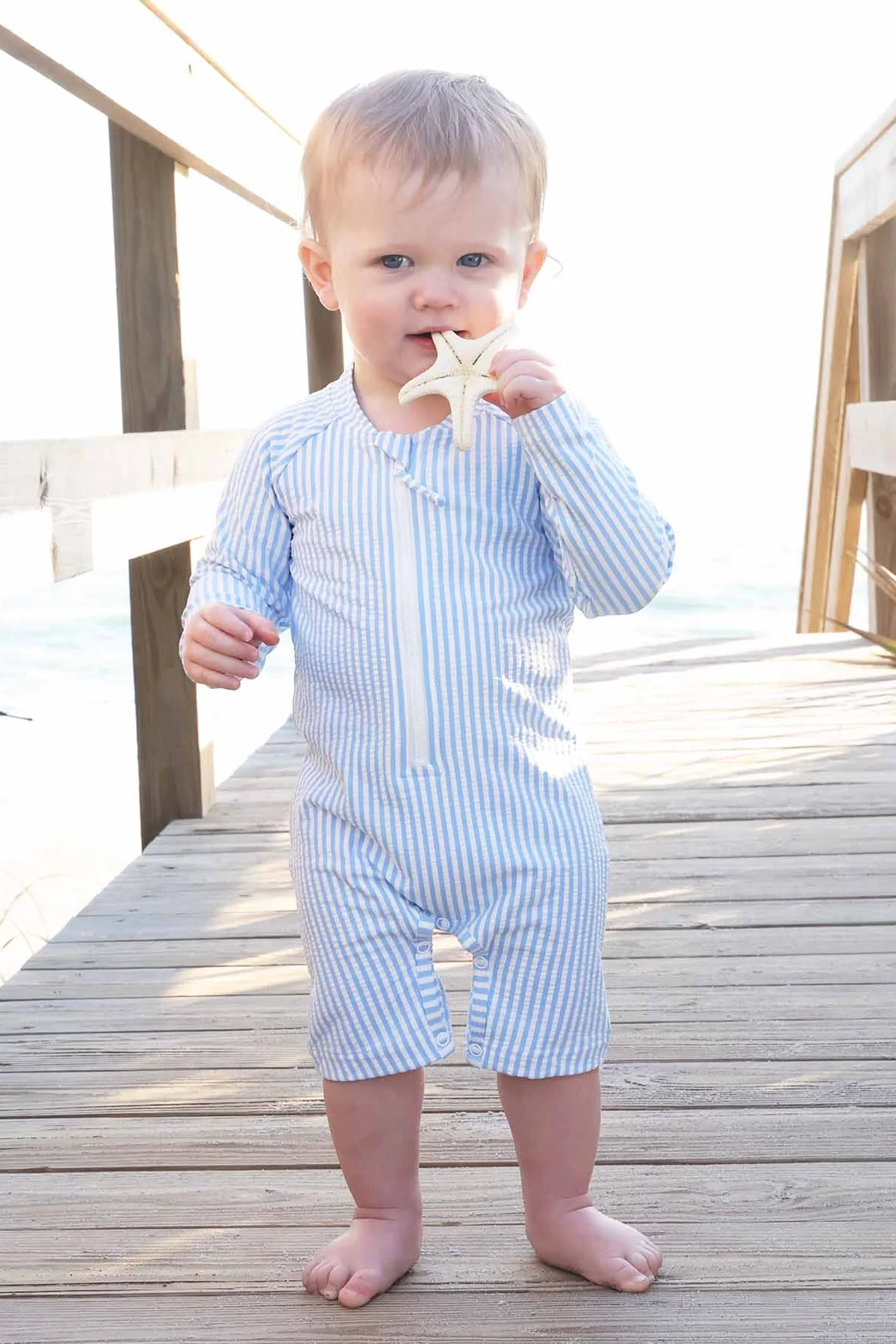 Long Sleeve Rash Guard Swim Romper Shortie | Seersucker Blue - Image 6