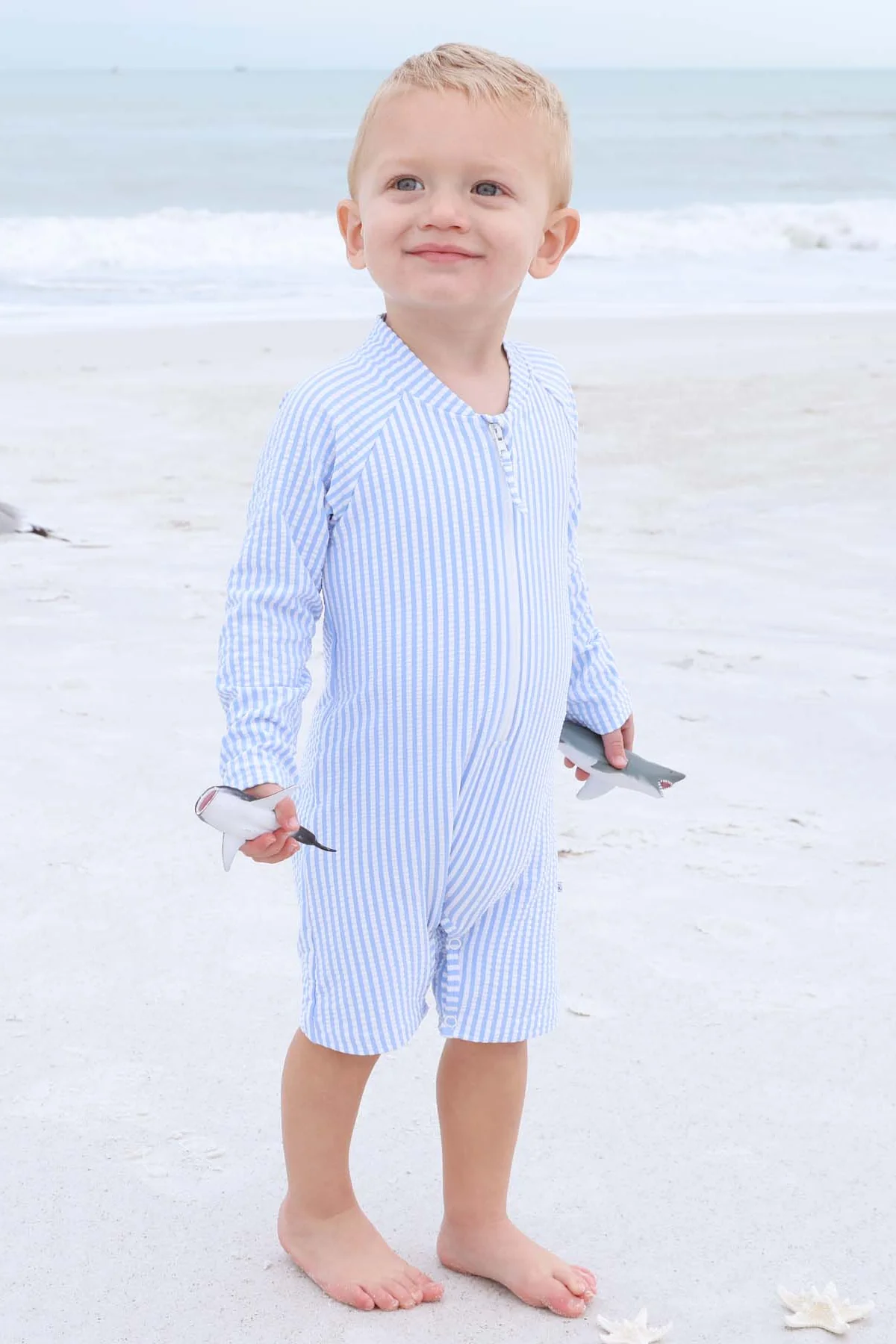 Long Sleeve Rash Guard Swim Romper Shortie | Seersucker Blue - Image 9