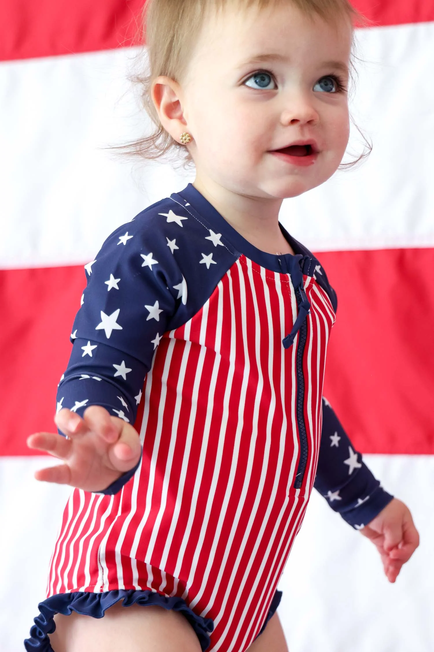Long Sleeve Rash Guard with Front Zipper | Stars & Stripes Party - Image 10