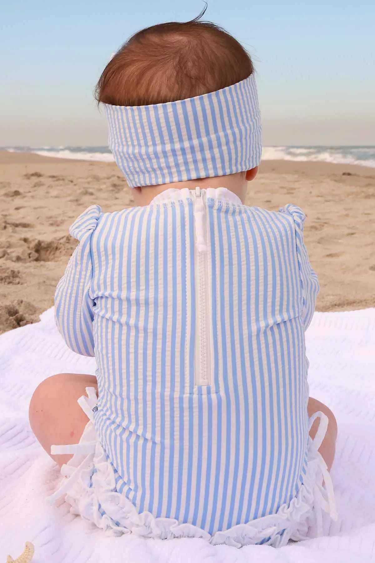 Long Sleeve Rash Guard With Ruffle Bottom | Seersucker Blue - Image 11