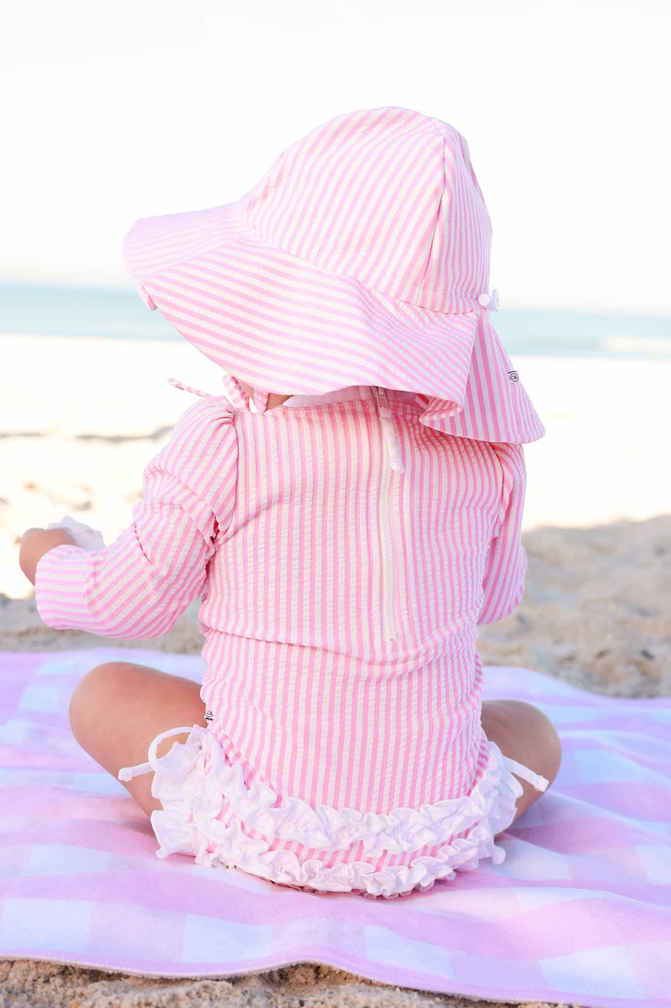 Long Sleeve Rash Guard with Ruffle Bottom | Seersucker Dusty Pink - Image 10