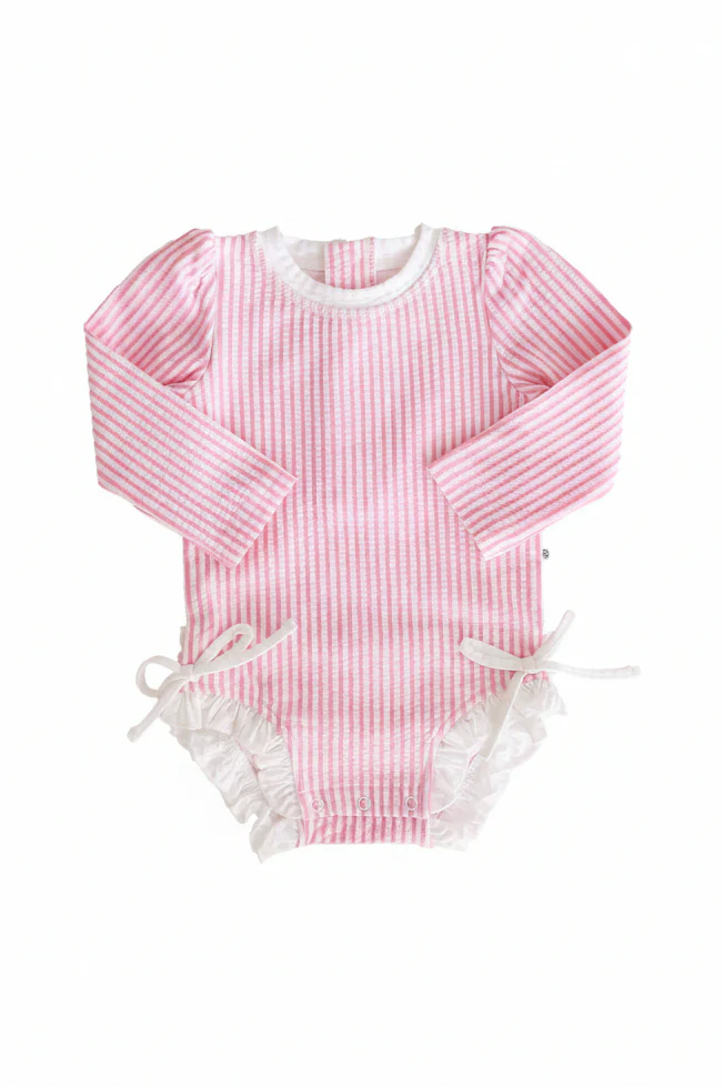 Long Sleeve Rash Guard with Ruffle Bottom | Seersucker Dusty Pink - Image 2