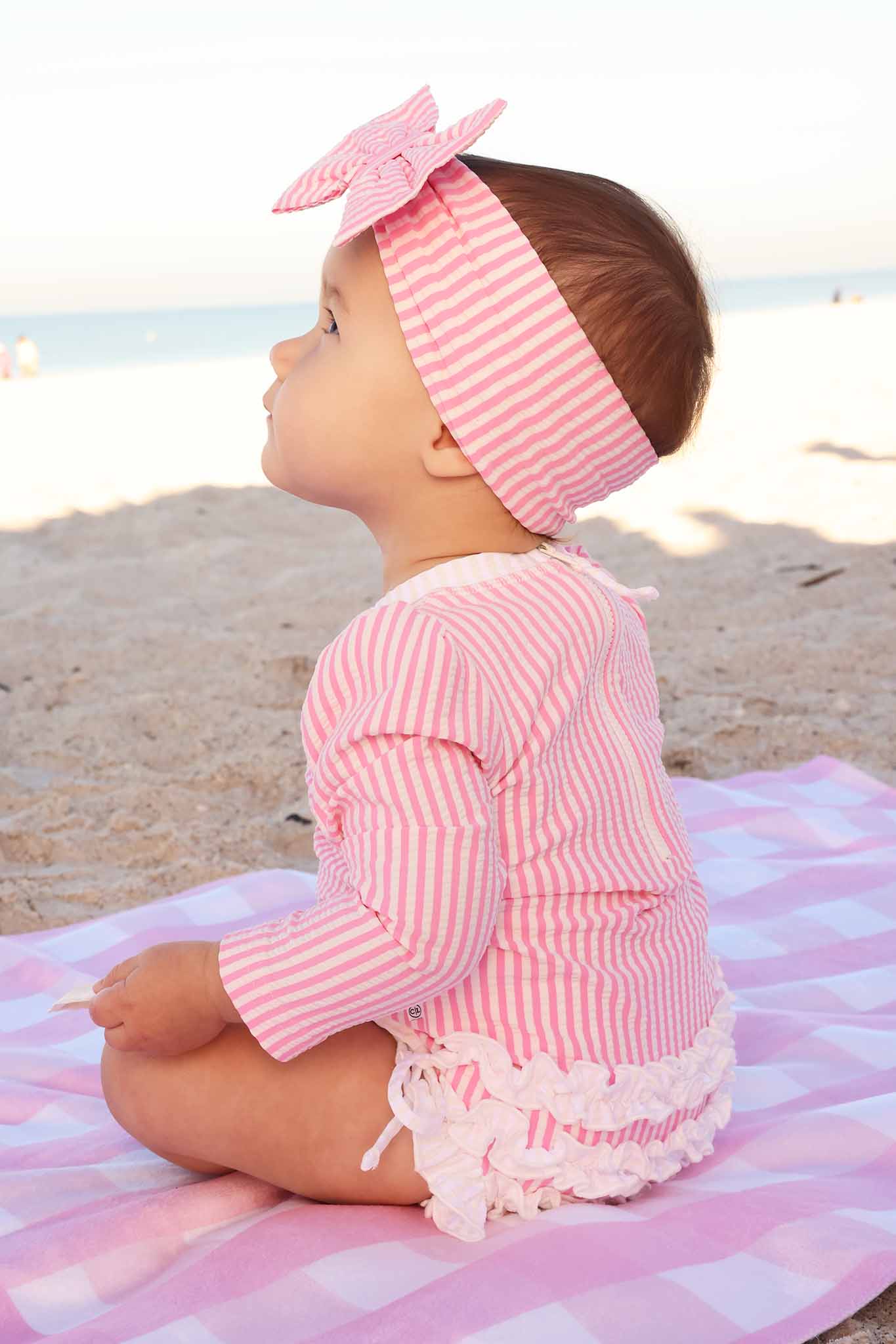 Long Sleeve Rash Guard with Ruffle Bottom | Seersucker Dusty Pink - Image 5