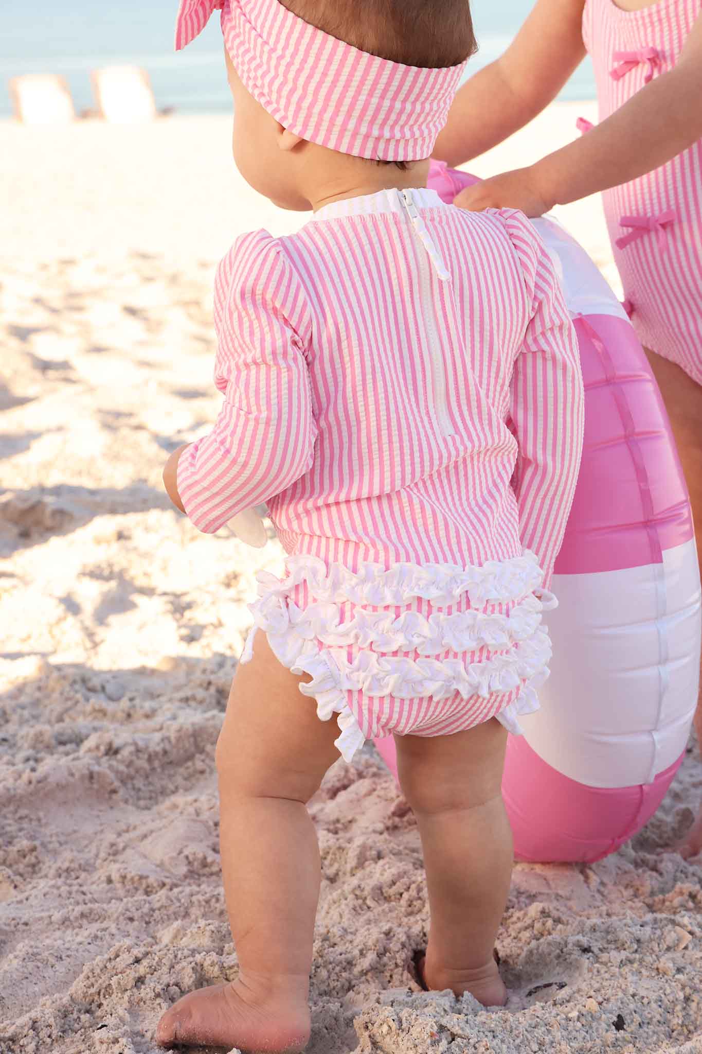 Long Sleeve Rash Guard with Ruffle Bottom | Seersucker Dusty Pink - Image 6