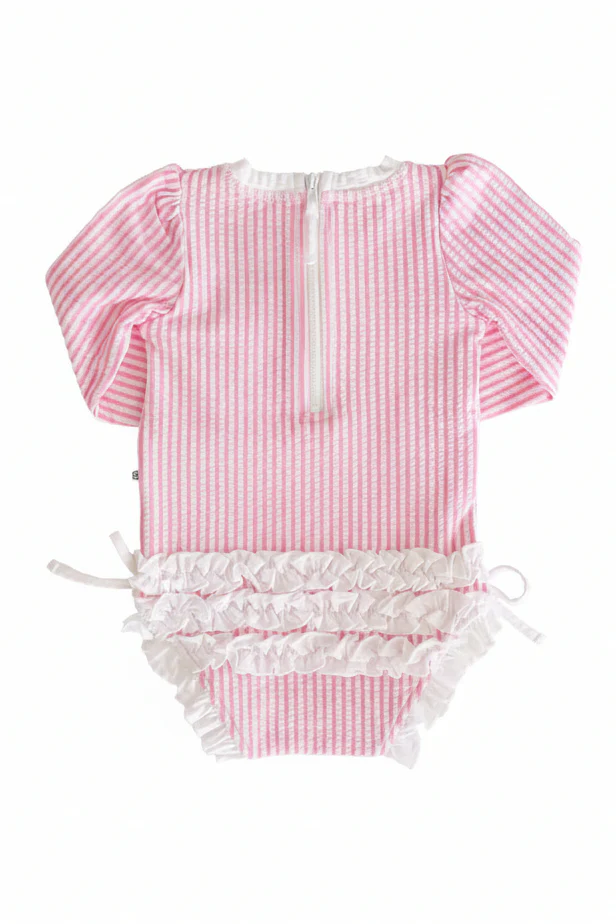 Long Sleeve Rash Guard with Ruffle Bottom | Seersucker Dusty Pink - Image 7