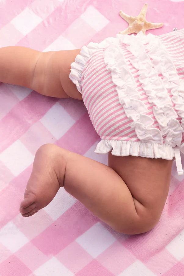 Long Sleeve Rash Guard with Ruffle Bottom | Seersucker Dusty Pink - Image 8