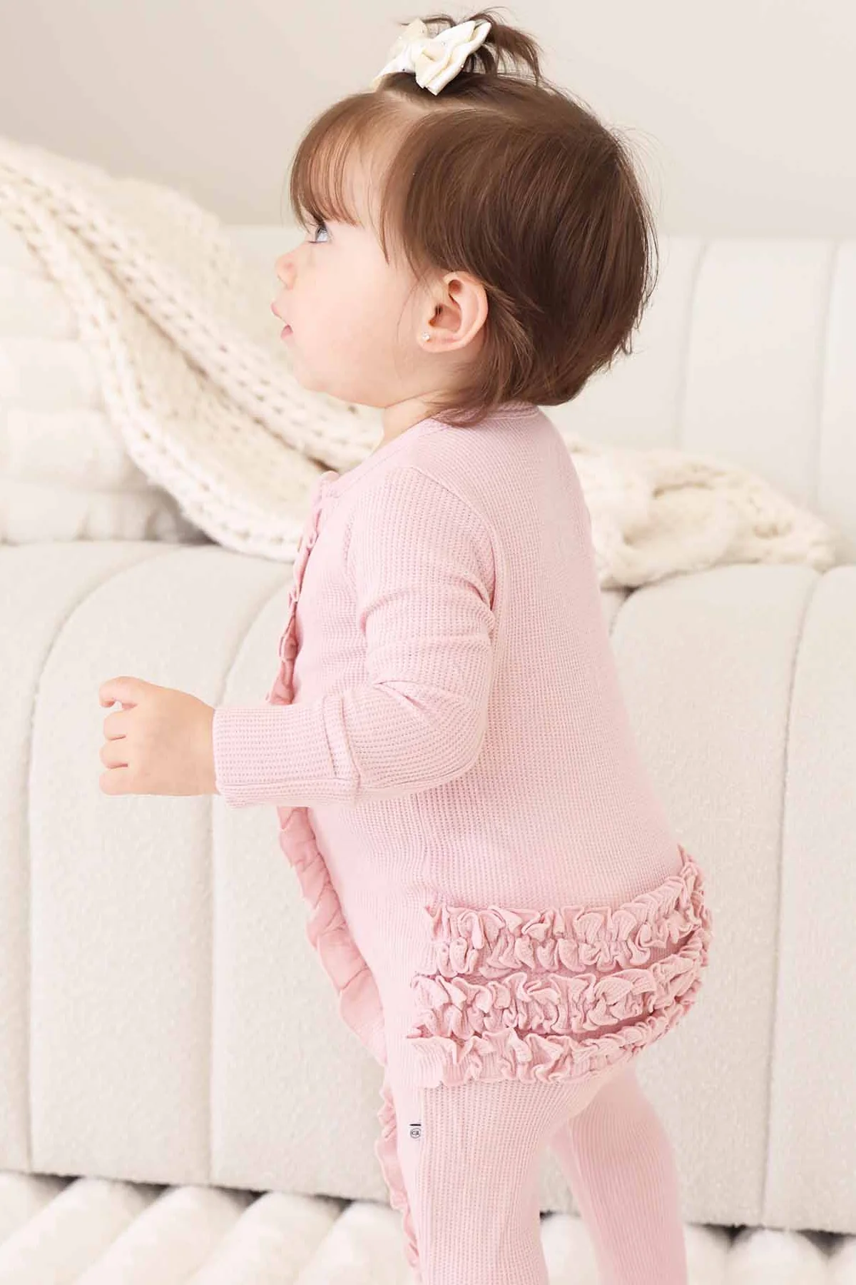Embroidered Bamboo Waffle Zipper Ruffle Footie | Lotus - Image 6