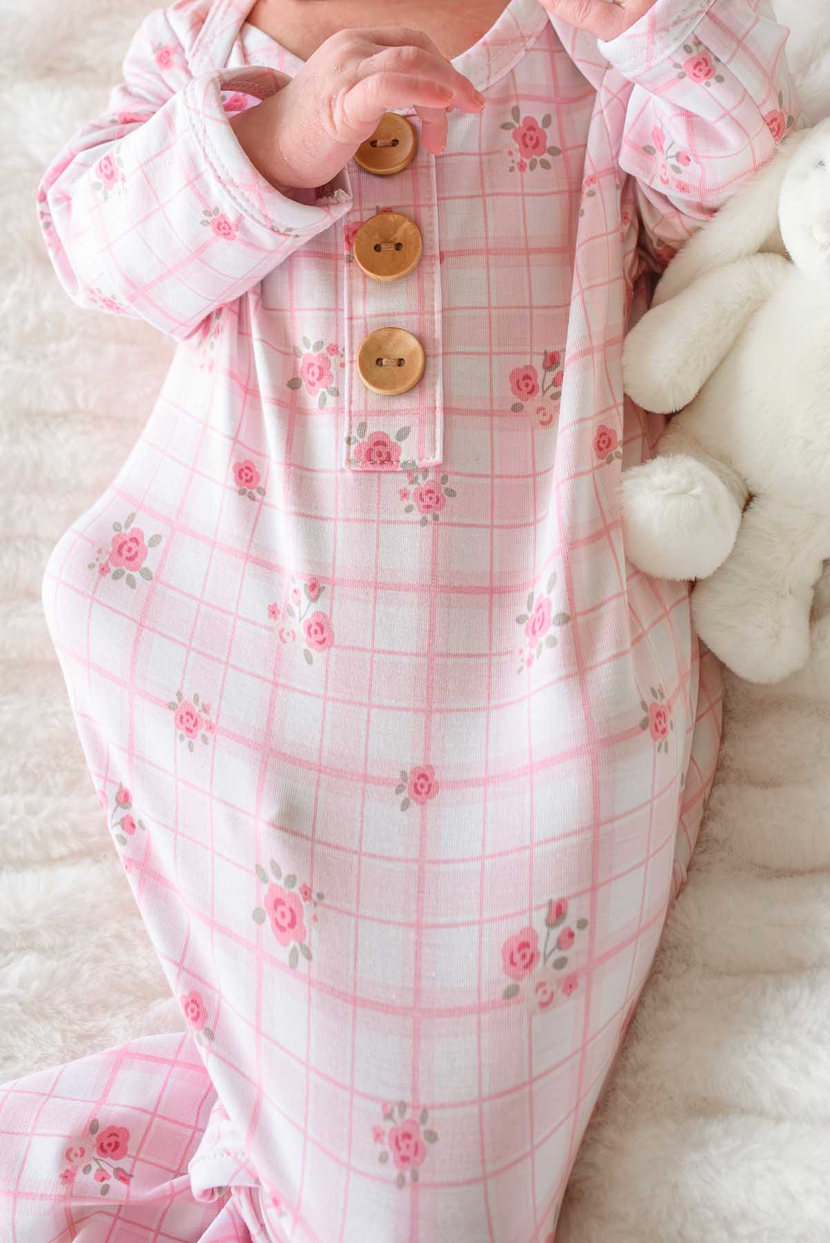 Newborn Baby Knot Gown & Hat Set | Primrose Plaid - Image 2