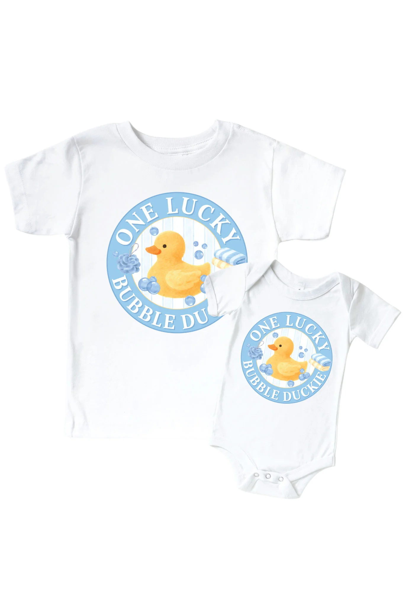 One Lucky Duckie Blue Graphic Bodysuit & Kids Tee | White