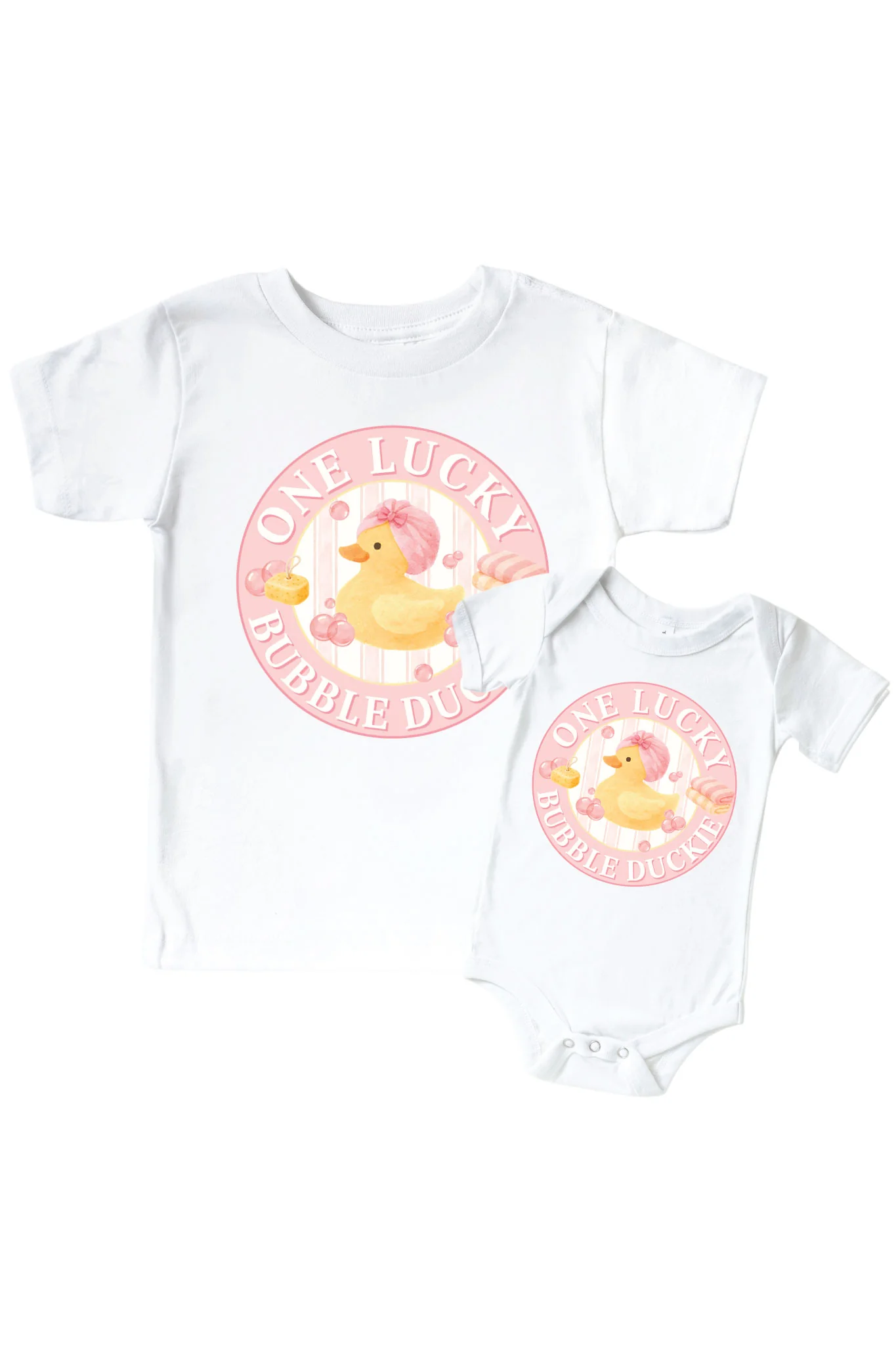One Lucky Duckie Pink Graphic Bodysuit & Kids Tee | White
