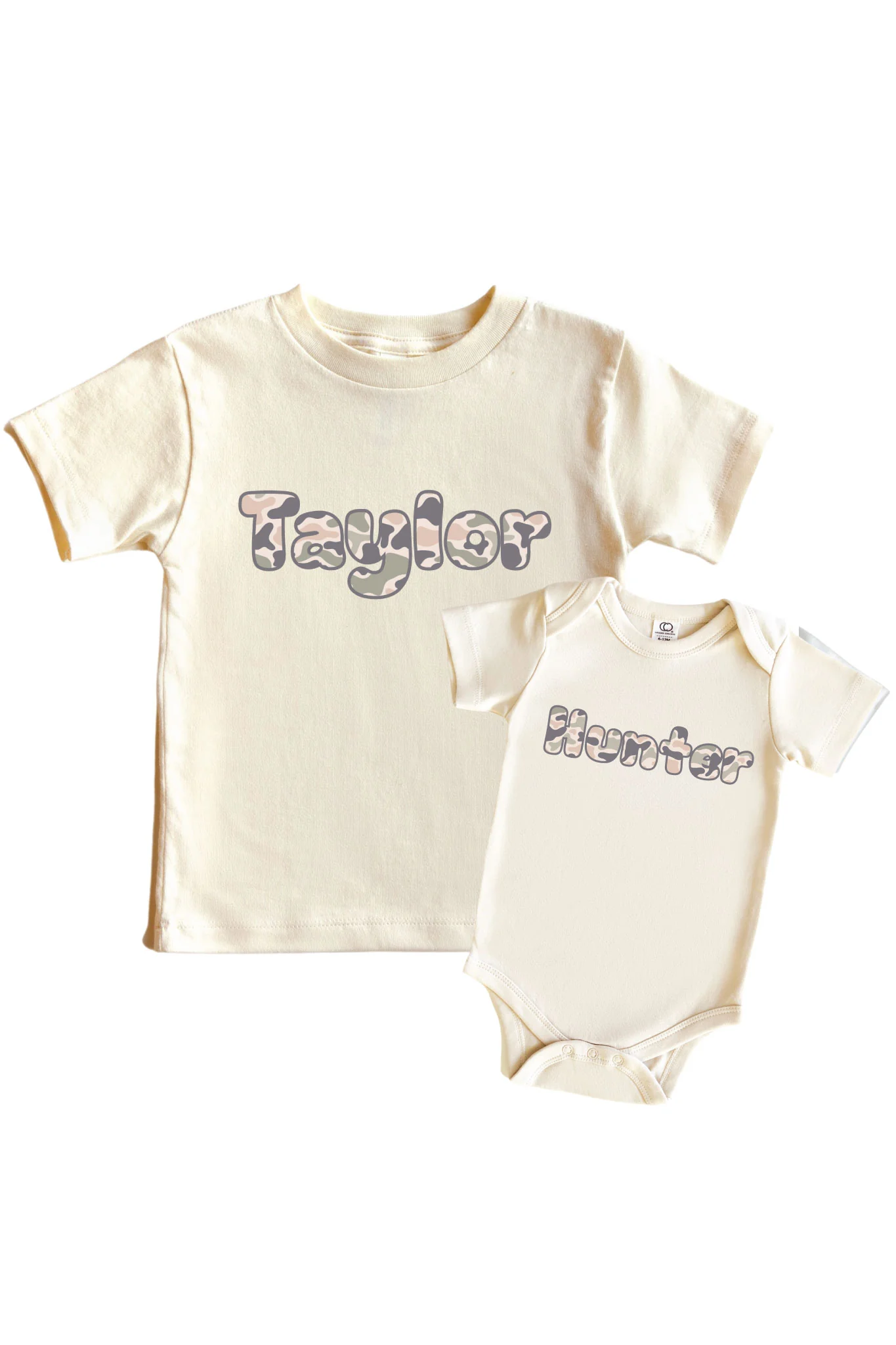 Personalized Camo Cutie Graphic Bodysuit & Kids Tee | Natural