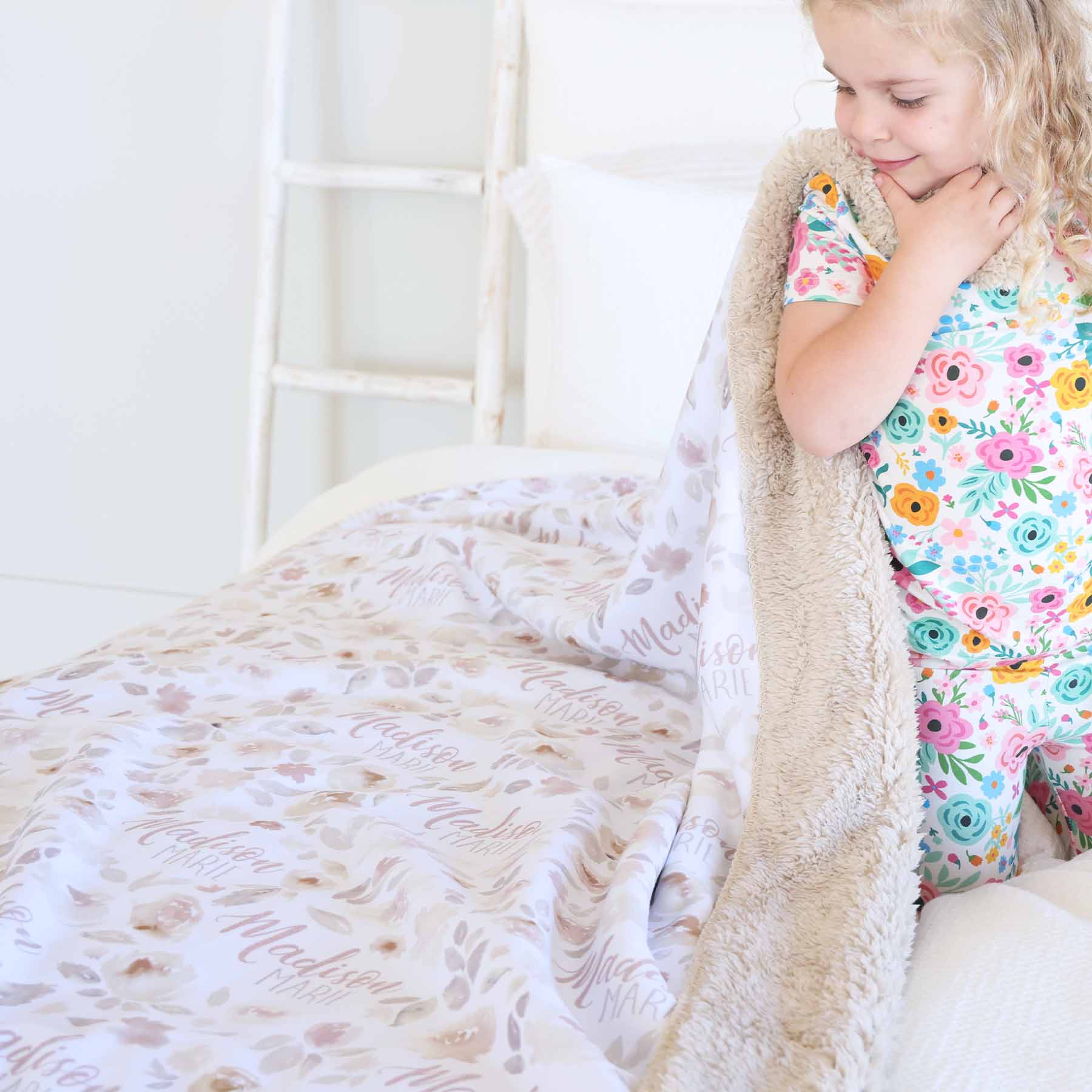 Personalized Sherpa Kids Blanket | Taupe Floral - Image 2
