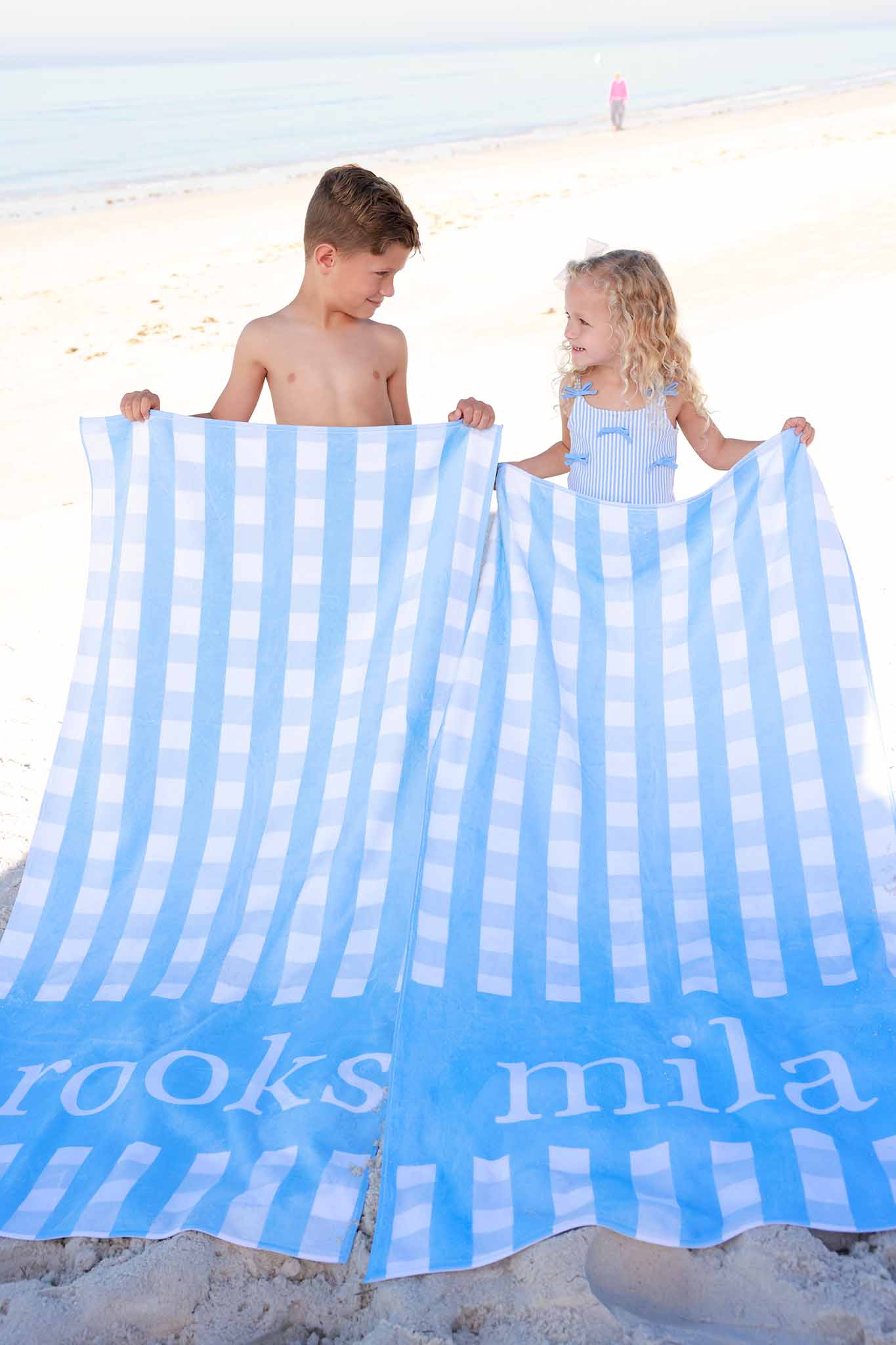 Personalized Kids Beach Towel | Blue Seersucker - Image 3