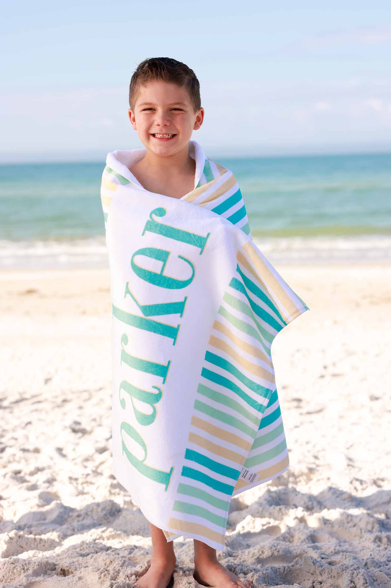 Personalized Kids Beach Towel | Multicolor Seersucker Blue - Image 2