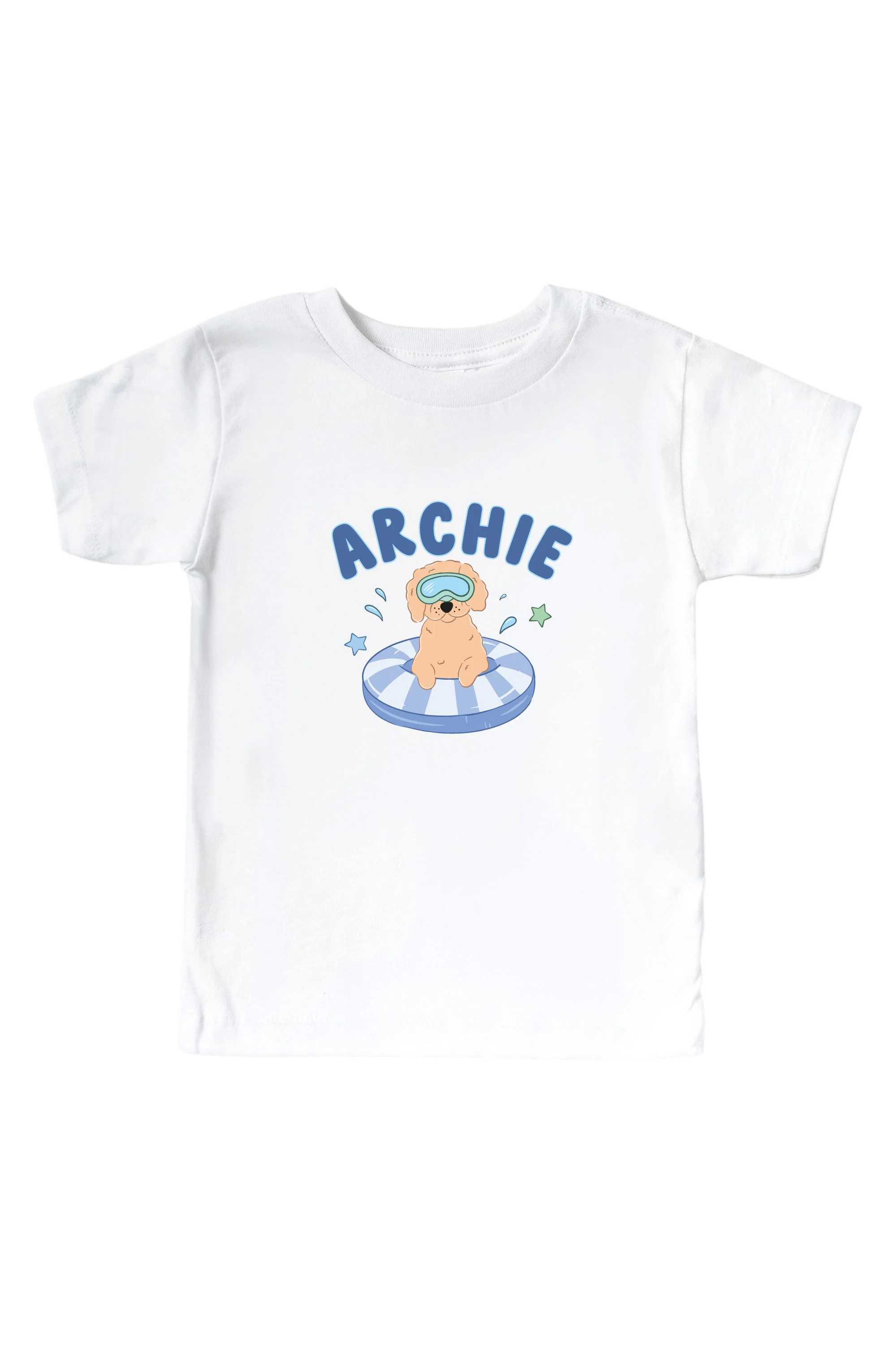 Personalized Poolside Pups Blue Graphic Bodysuit & Kids Tee | White - Image 3
