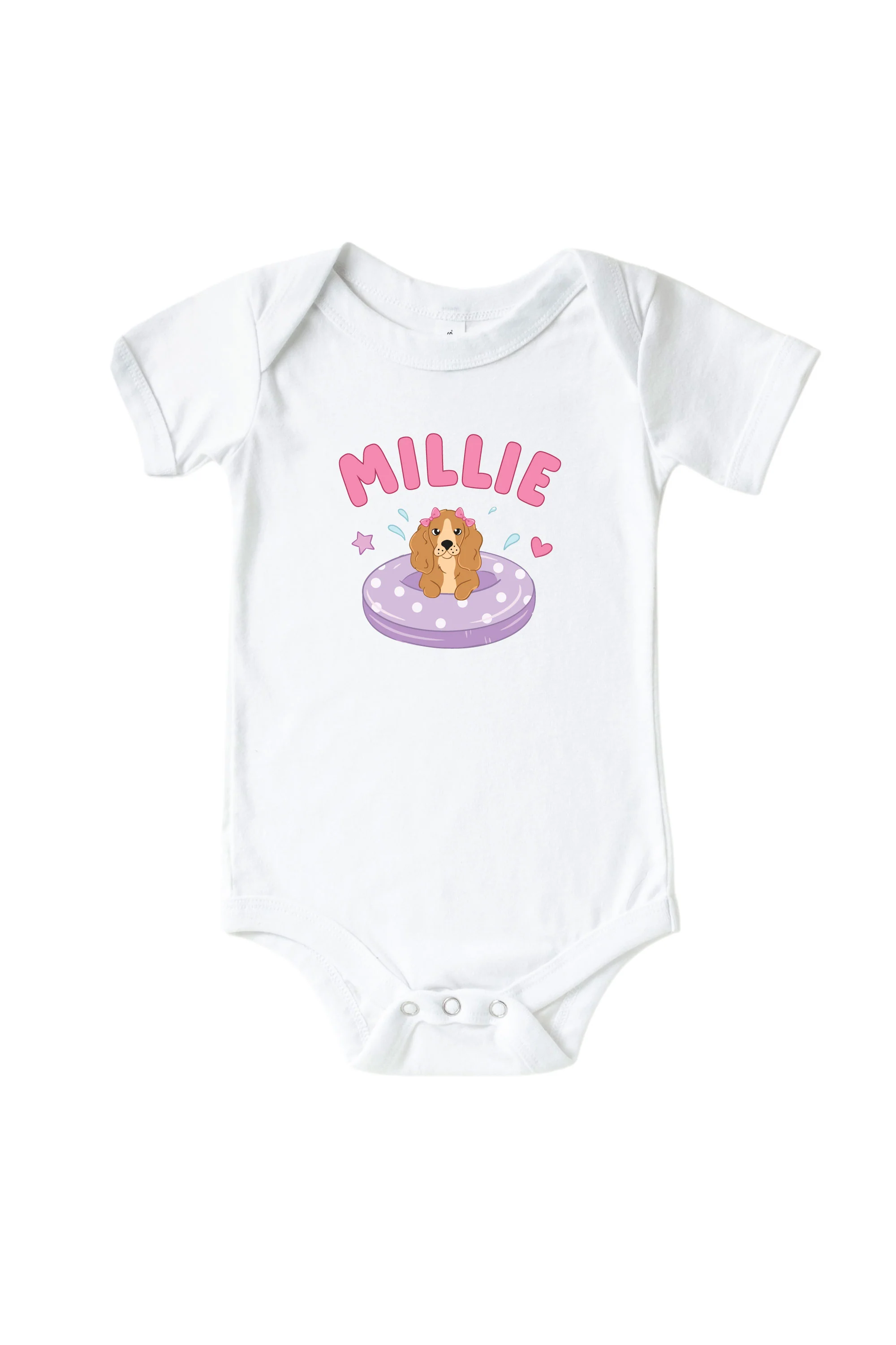 Personalized Poolside Pups Pink Graphic Bodysuit & Kids Tee | White - Image 2