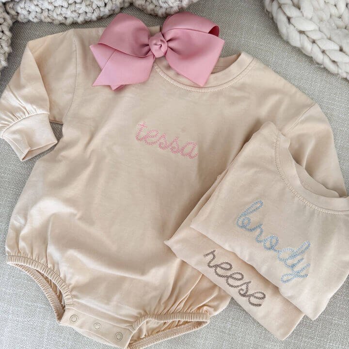 Embroidered Stitched Long Sleeve Bubble Romper | Natural