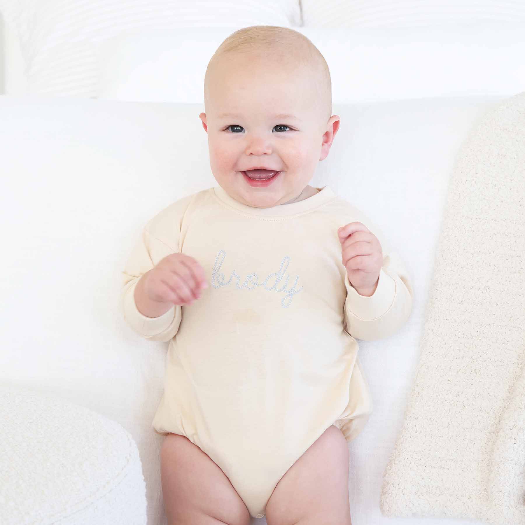 Embroidered Stitched Long Sleeve Bubble Romper | Natural - Image 10
