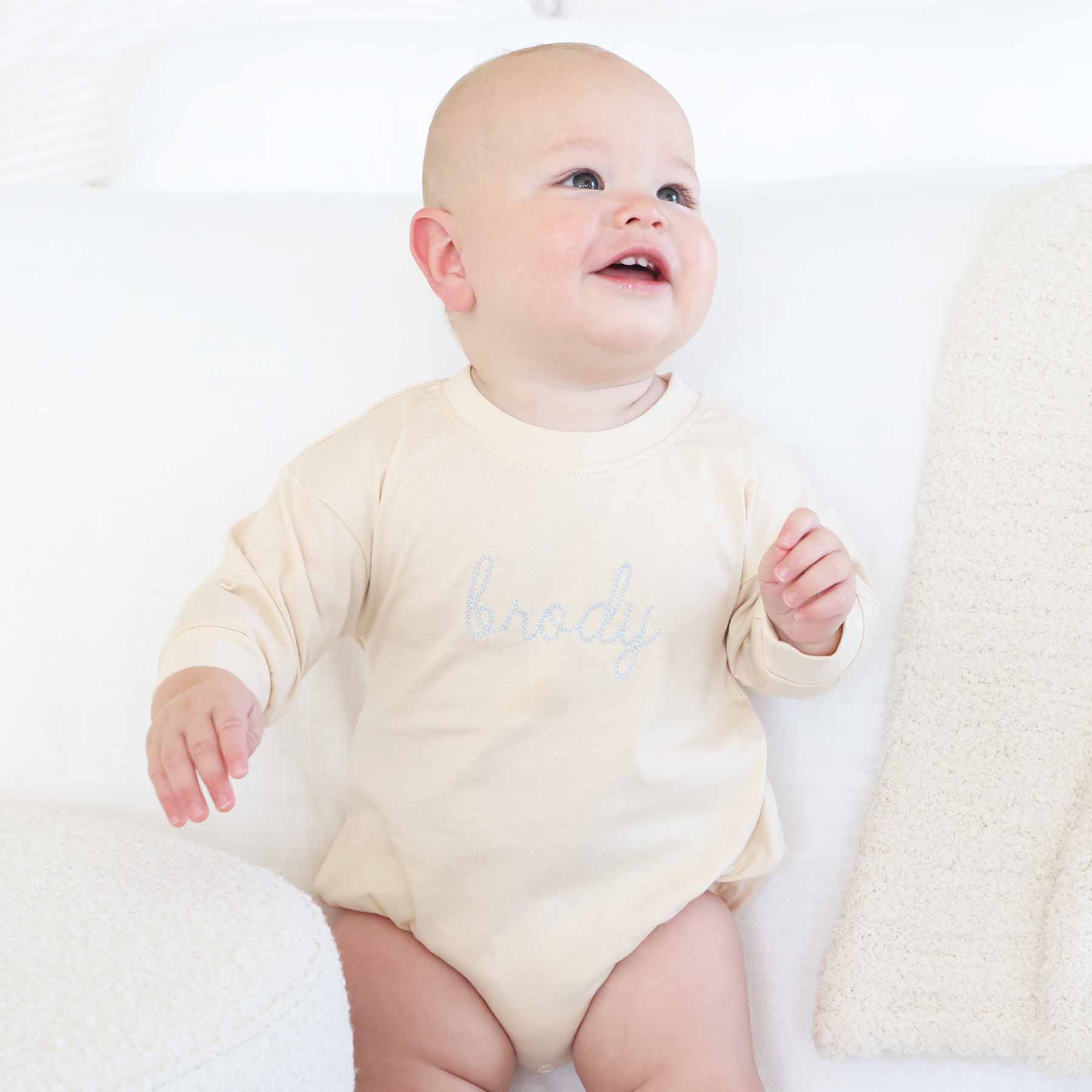 Embroidered Stitched Long Sleeve Bubble Romper | Natural - Image 11