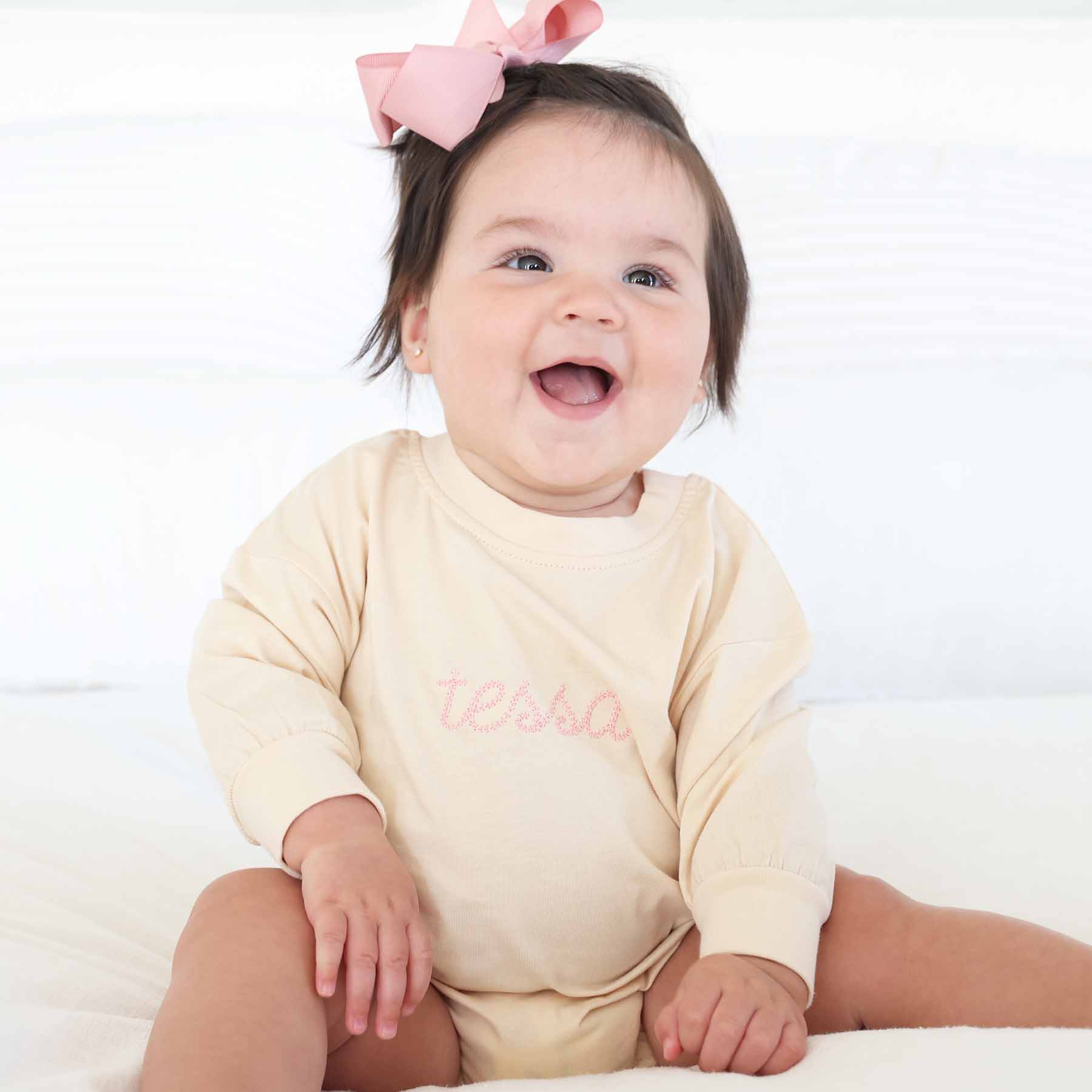 Embroidered Stitched Long Sleeve Bubble Romper | Natural - Image 13