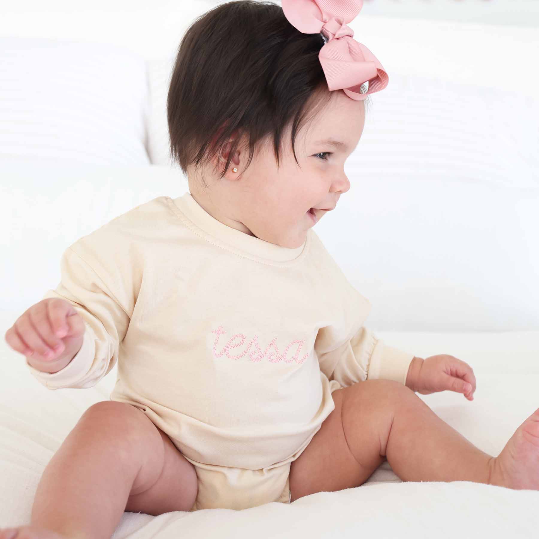Embroidered Stitched Long Sleeve Bubble Romper | Natural - Image 15