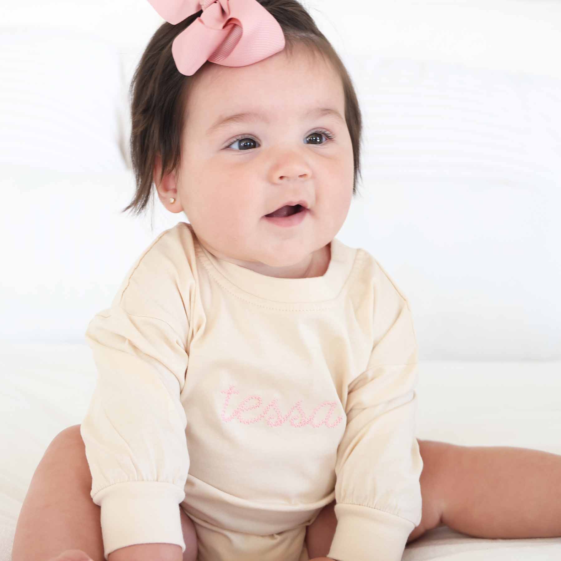 Embroidered Stitched Long Sleeve Bubble Romper | Natural - Image 16