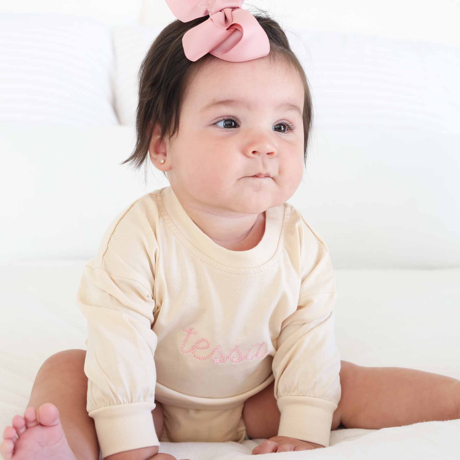 Embroidered Stitched Long Sleeve Bubble Romper | Natural - Image 17